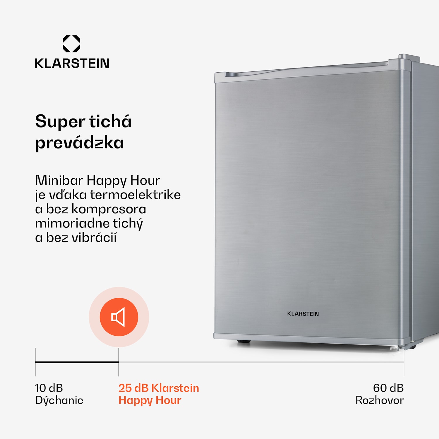Happy Hour 33, minibar, 33 l, 5-15°C, energet. trieda G, tichý, 25 dB, LED svetlo, strieborný 33 litrov | F | Strieborná