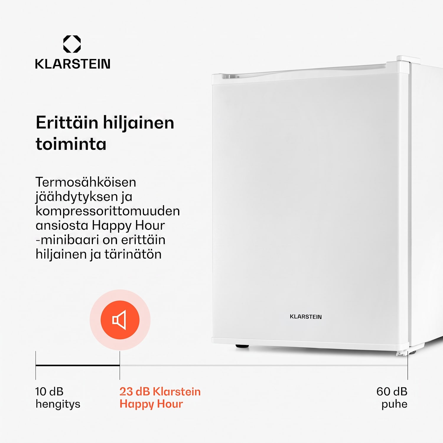 Klarstein Happy Hour minibaari 40 l 5-15 °C 23 dB LED-valo 40 L | G | Valkoinen