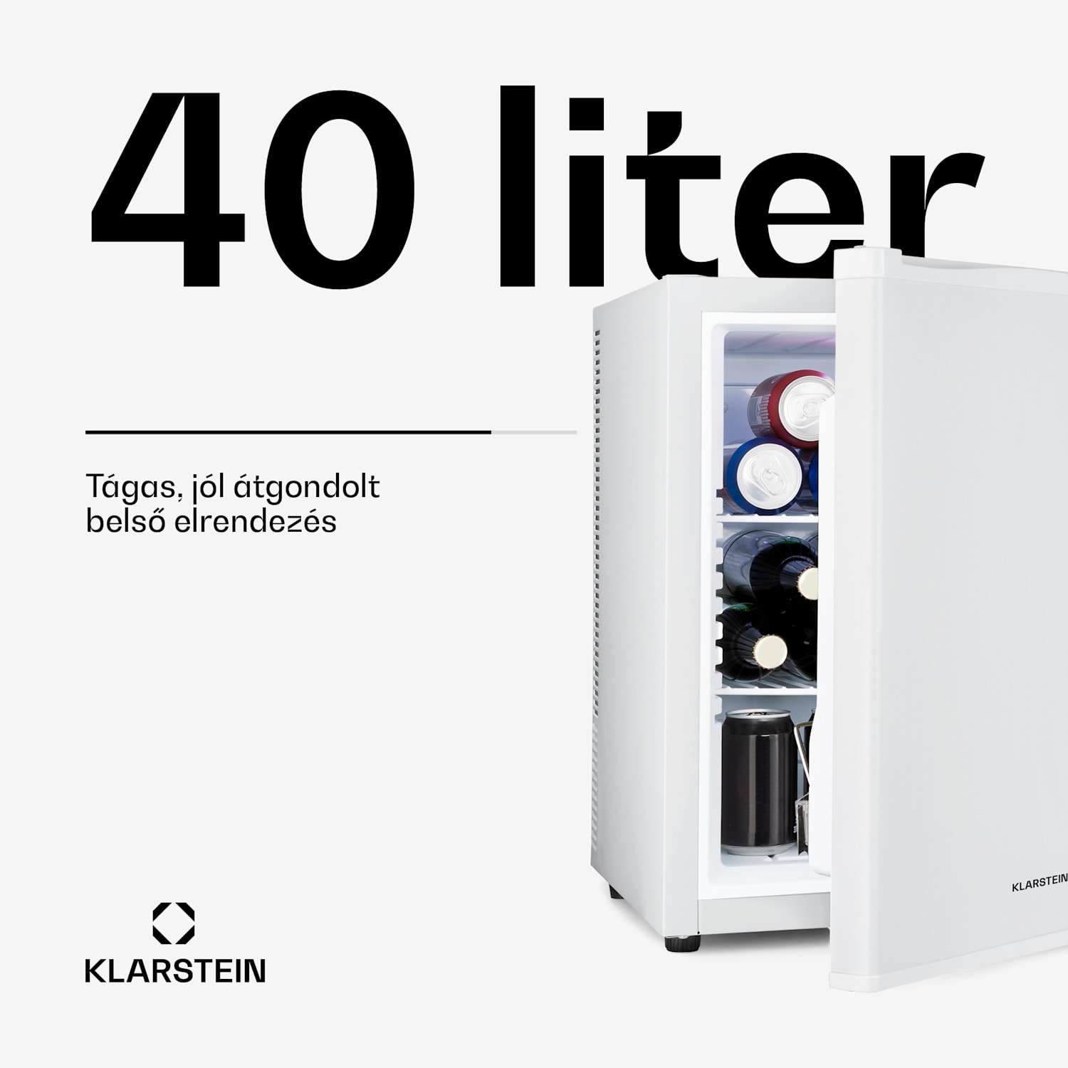 Happy Hour 40, mini hűtőszekrény, 40 liter, 5 -15°C, csendes, 23dB, LED világítás, fehér 40 Ltr | G | Fehér