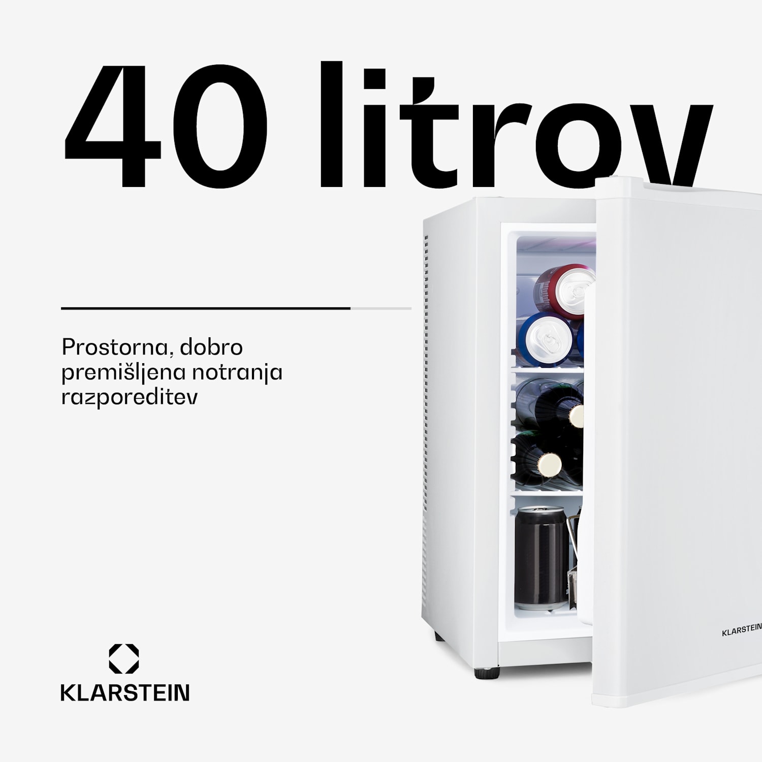 Happy Hour 40, mini bar, 40 L, 5-15°C, tiho delovanje, 23dB, LED-osvetlitev, bela 40 Ltr | G | Bela