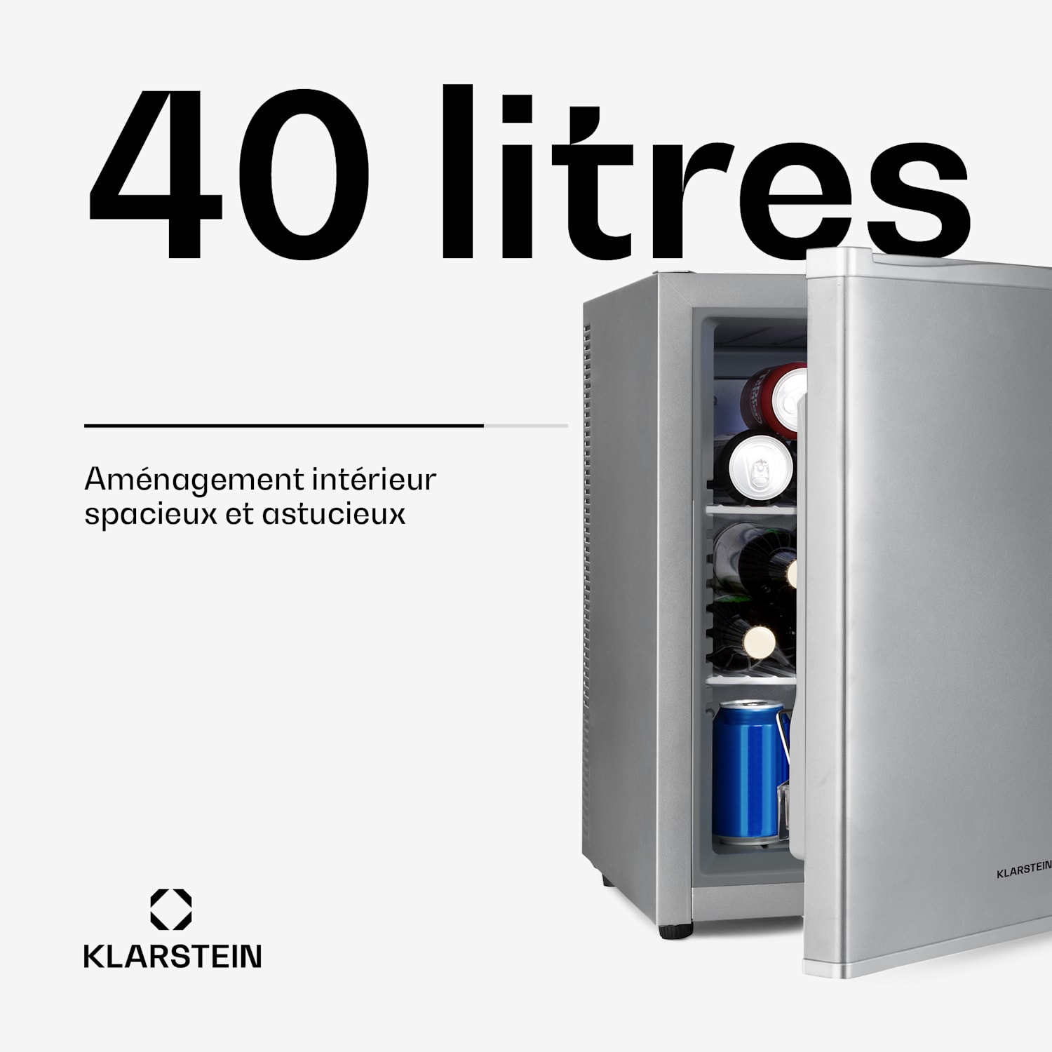 Klarstein Happy Hour Minibar 40L 5-15°C 23 dB Lumière LED 40 L | G | Argent
