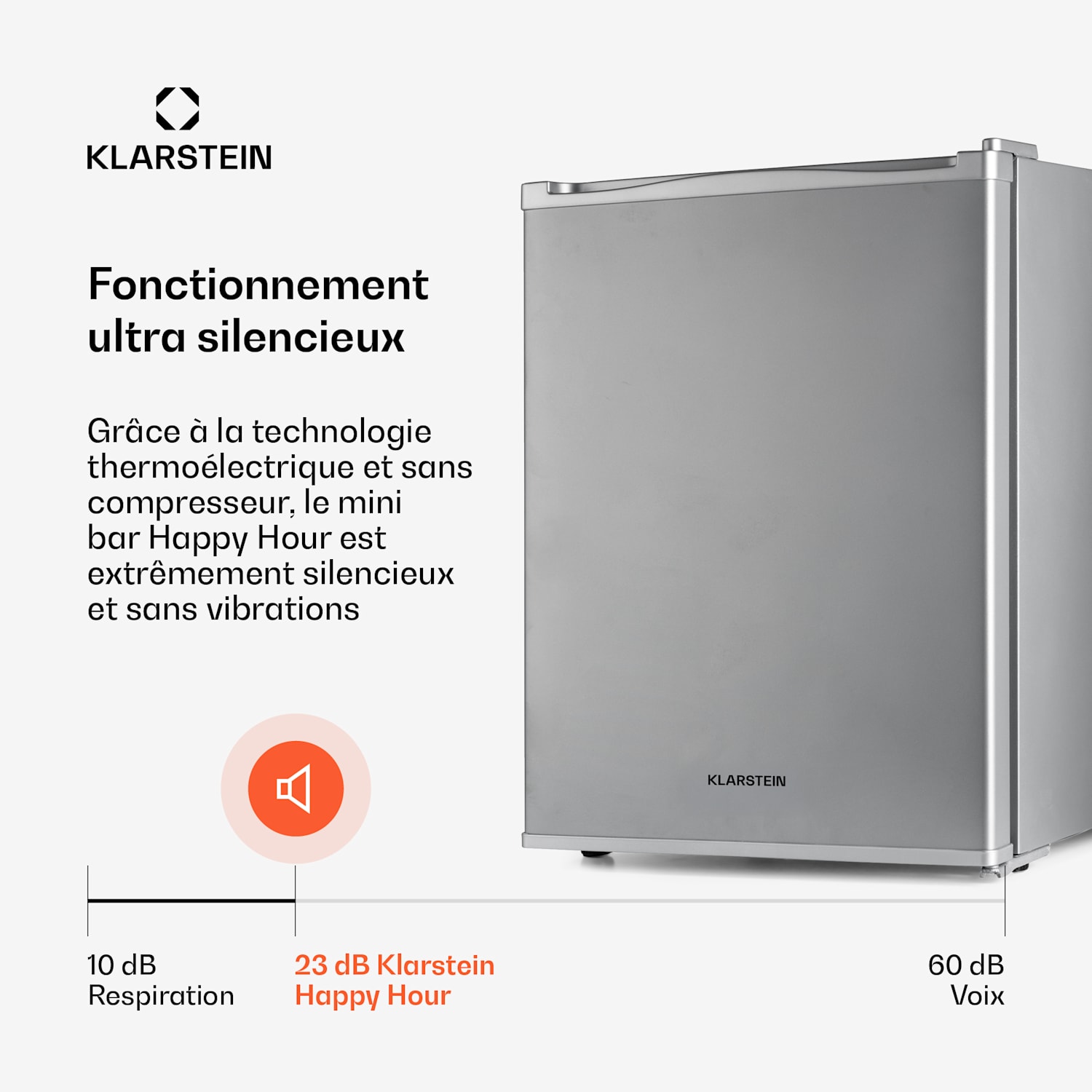 Klarstein Happy Hour Minibar 40L 5-15°C 23 dB Lumière LED 40 L | G | Argent
