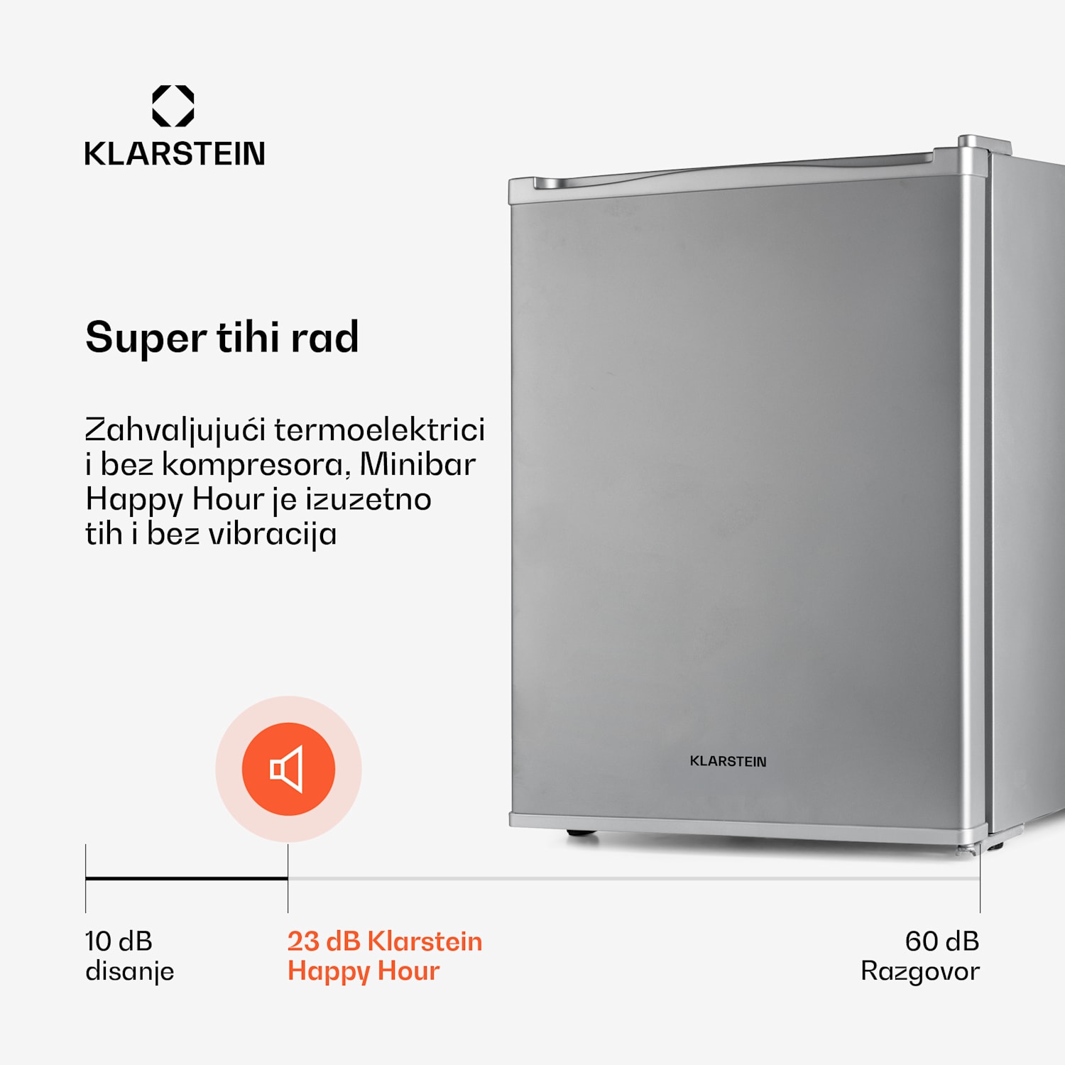 Happy Hour 40, minibar, 40 L, 5 - 15 ° C, tihi rad, 23 dB, LED svjetlo, srebrni 40 Ltr | G | Srebro