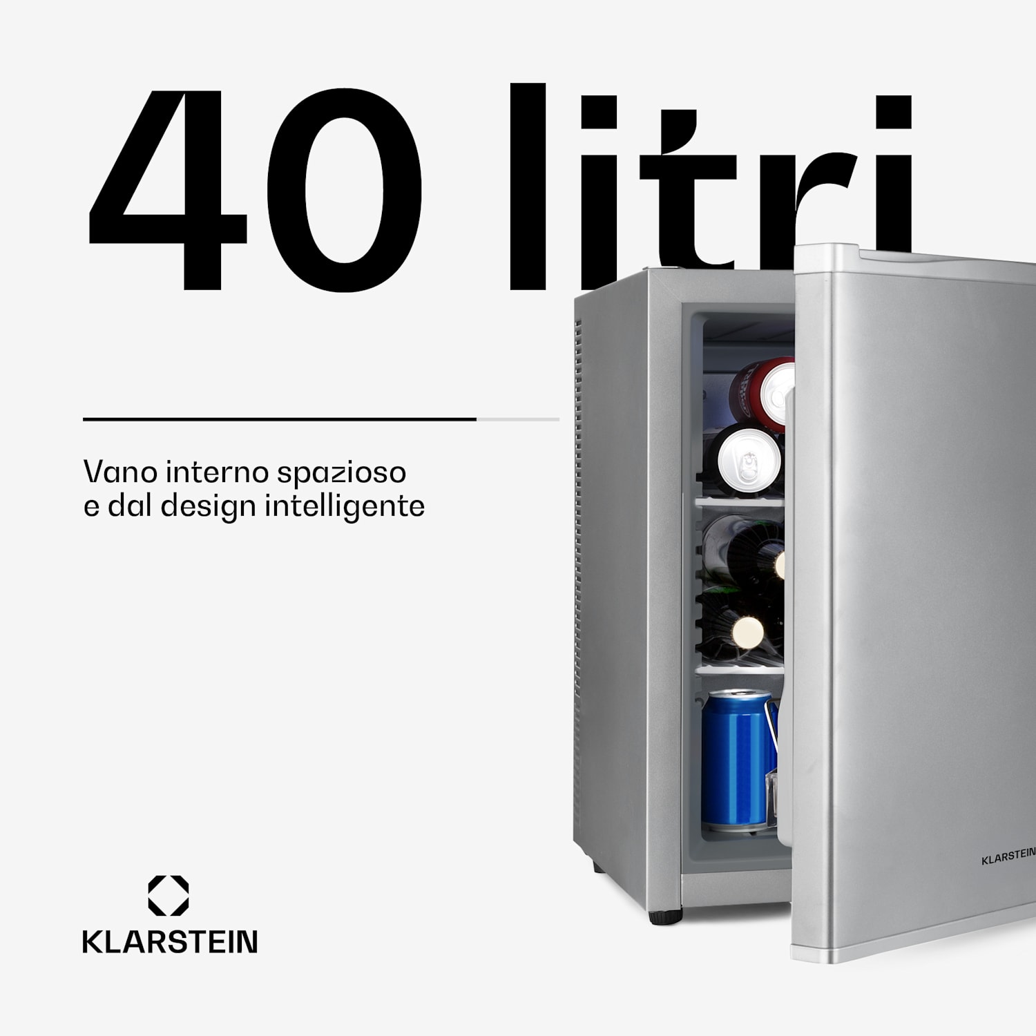 Klarstein Happy Hour - Minibar, 40 l, 5-15°C, 23 dB, luce LED 40 Ltr | G | Argento