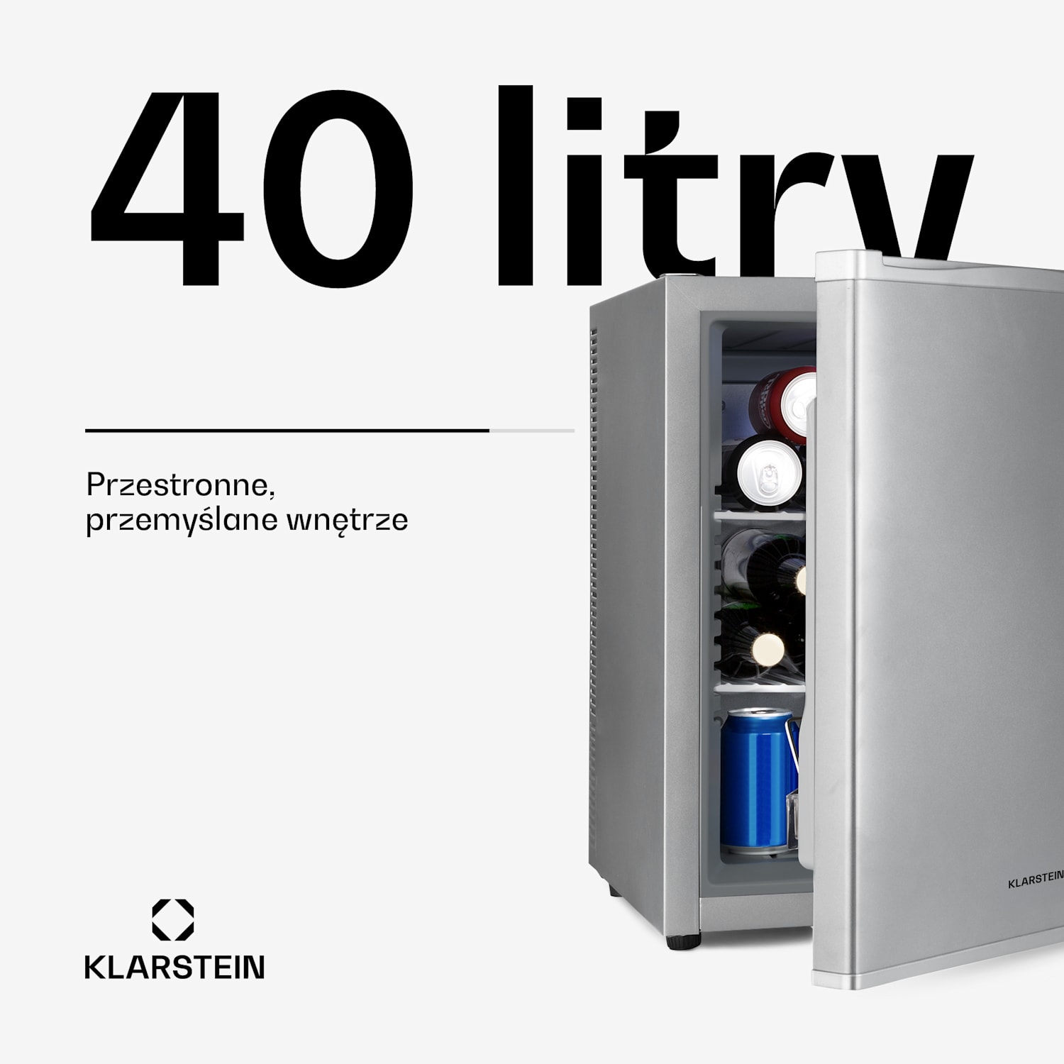 Happy Hour 40, mini lodówka, 40 l, 5-15°C, cicha 23 dB, oświetlenie LED 40 Ltr | G | Srebrny