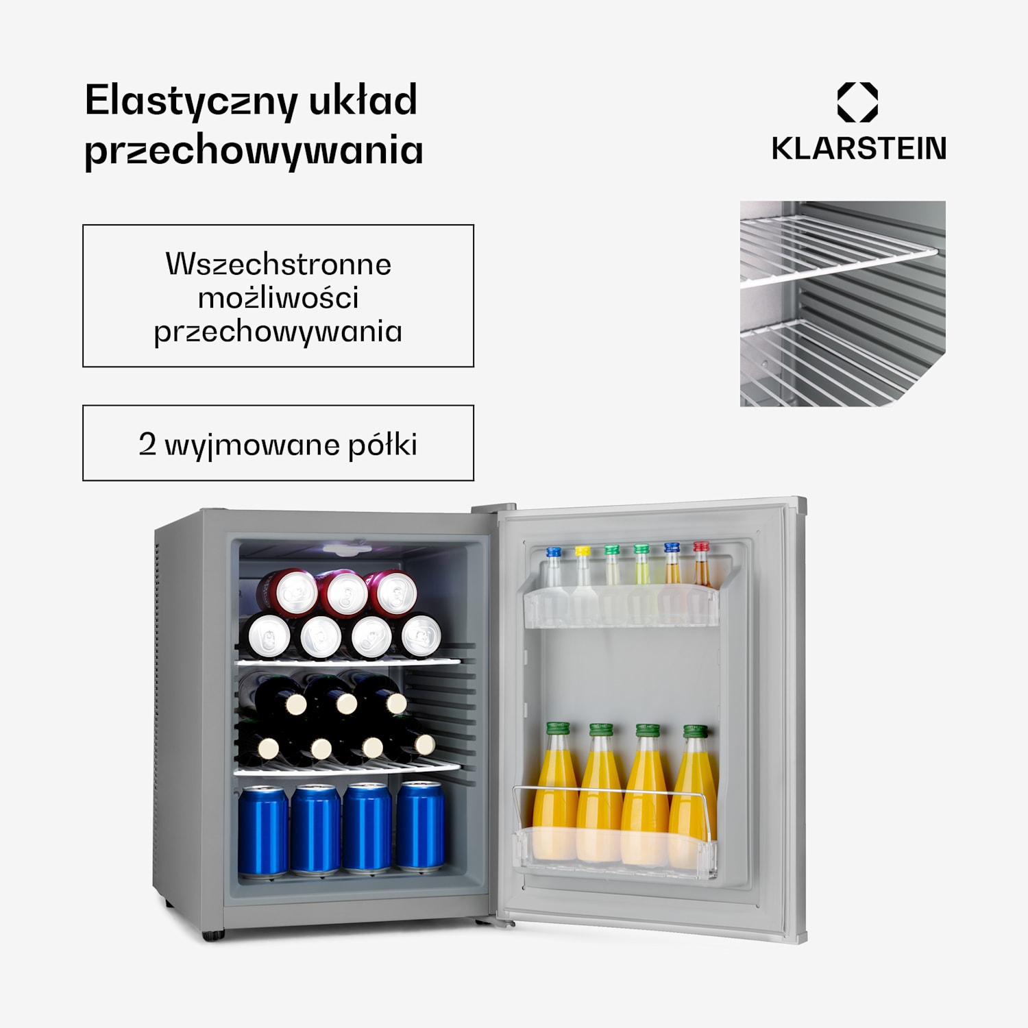 Happy Hour 40, mini lodówka, 40 l, 5-15°C, cicha 23 dB, oświetlenie LED 40 Ltr | G | Srebrny