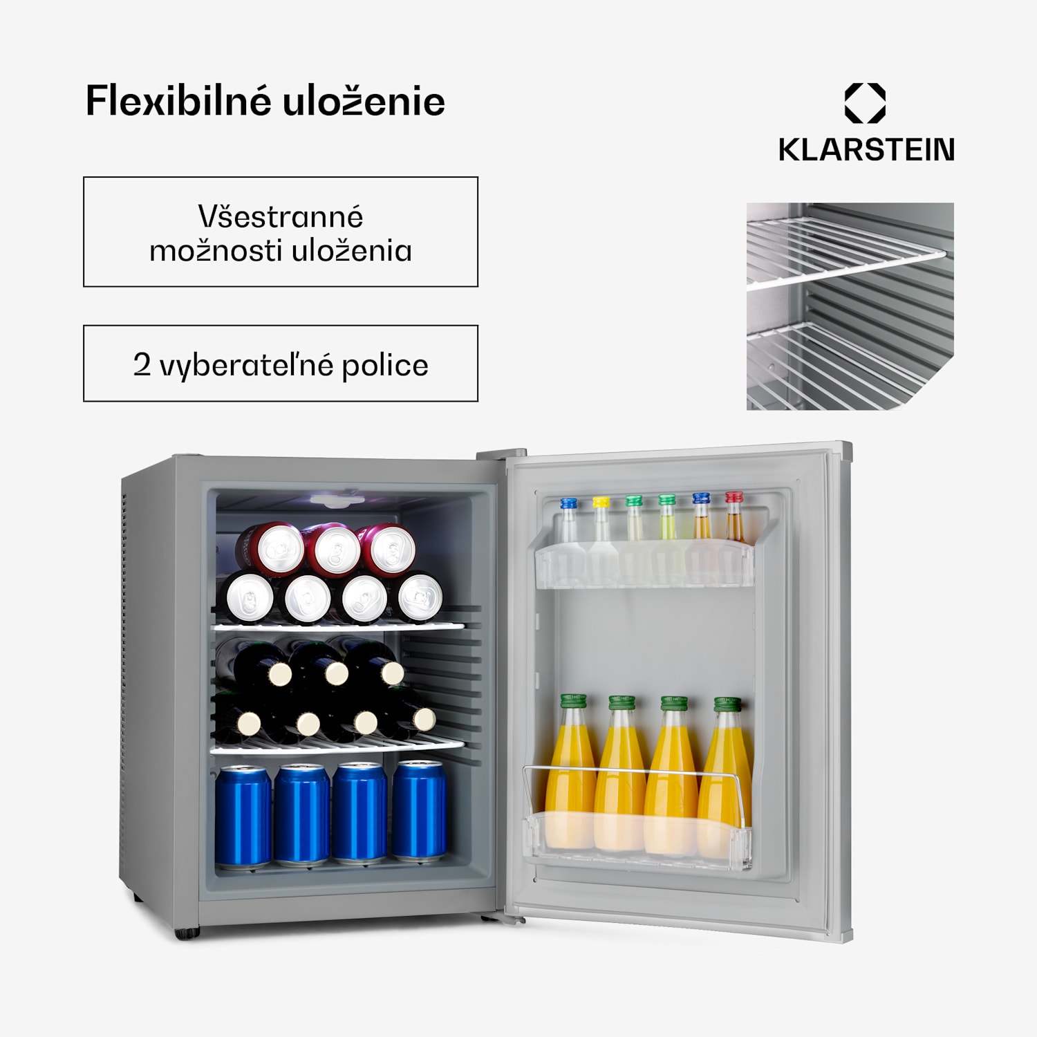 Happy Hour 40, mini chladnička, 40 l, 5-15°C, tichá, 23dB, LED-svetlo, strieborný 40 litrov | G | Strieborná