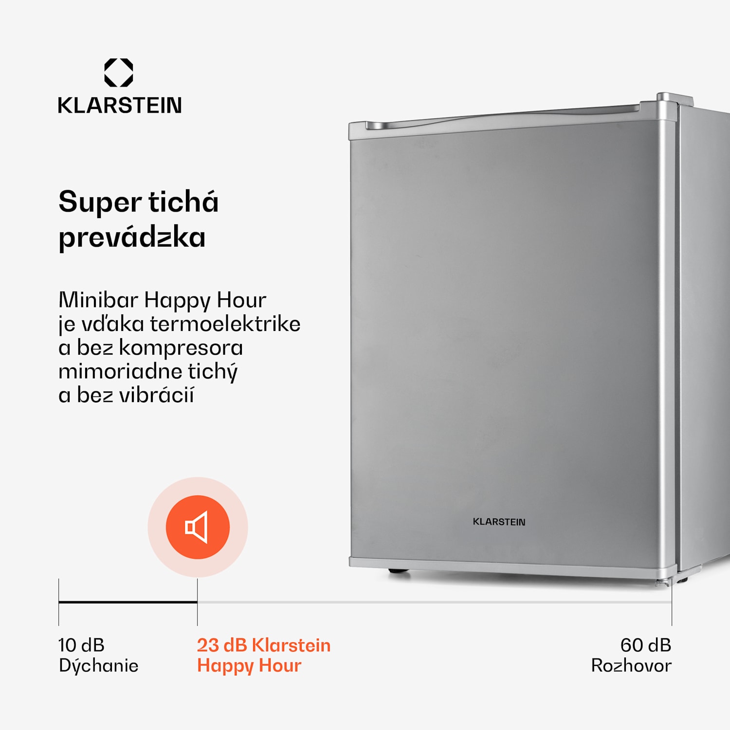 Happy Hour 40, mini chladnička, 40 l, 5-15°C, tichá, 23dB, LED-svetlo, strieborný 40 litrov | G | Strieborná