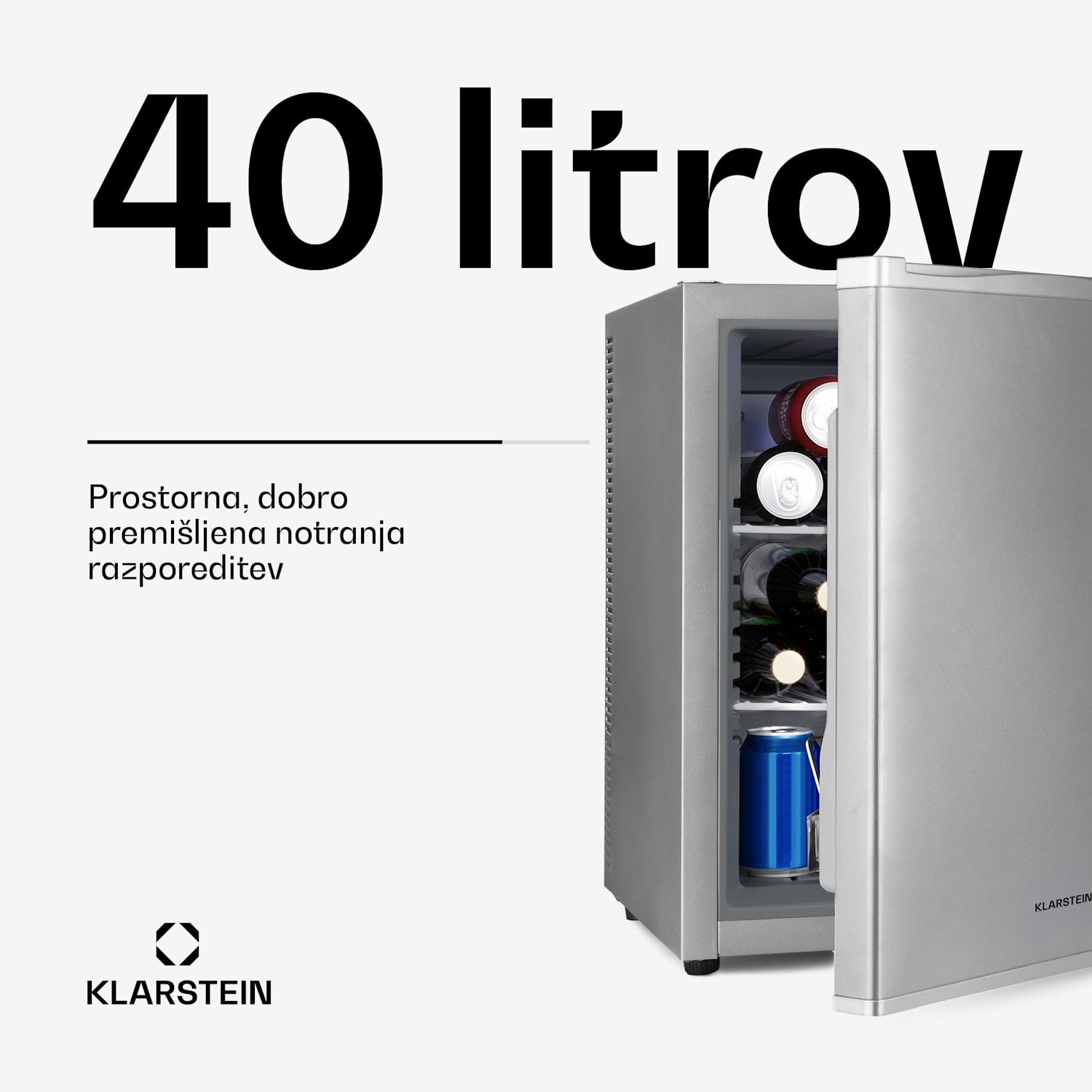Happy Hour 40, mini bar, 40 L, 5-15°C, tiho delovanje, 23dB, LED-osvetlitev, srebrna 40 Ltr | G | Srebrna