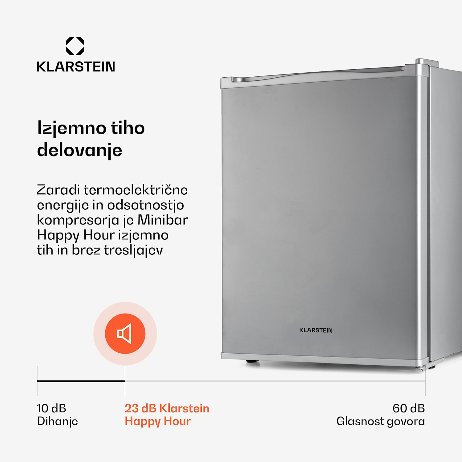 Happy Hour 40, mini bar, 40 L, 5-15°C, tiho delovanje, 23dB, LED-osvetlitev, srebrna 40 Ltr | G | Srebrna