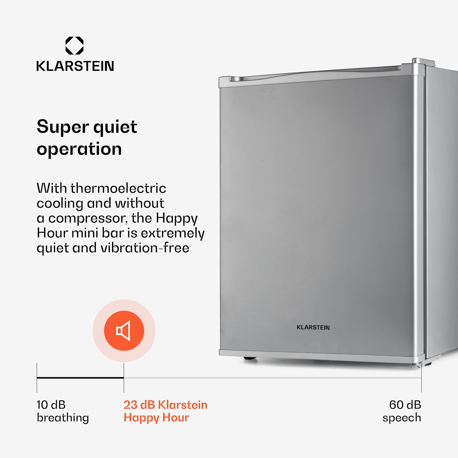Klarstein Happy Hour minibar 40L 5-15°C 23 dB led-verlichting 40 ltr | G | Zilver