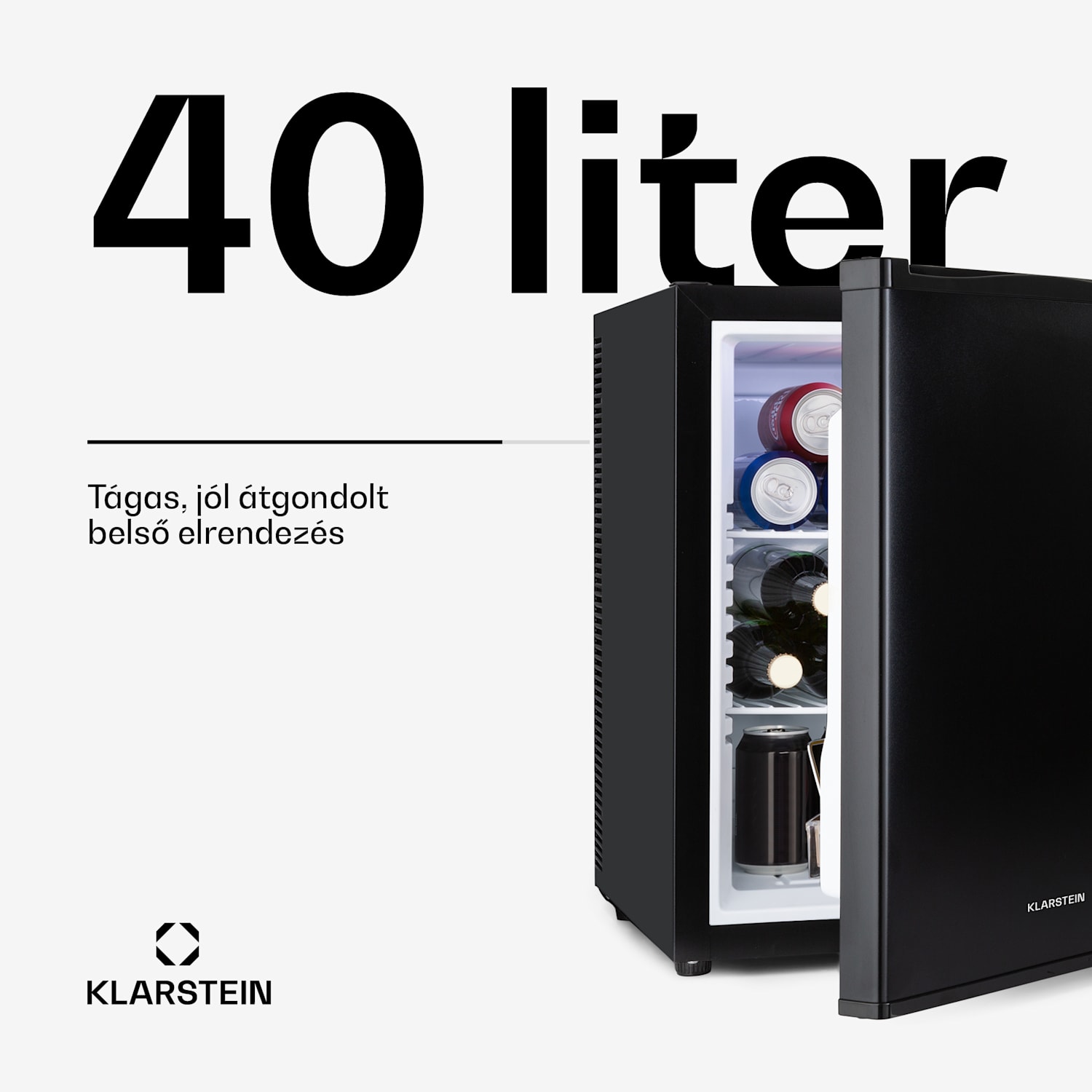 Happy Hour 40, mini hűtőszekrény, 40 liter, 5 -15°C, csendes, 23dB, LED világítás, fekete 40 Ltr | G | Fekete