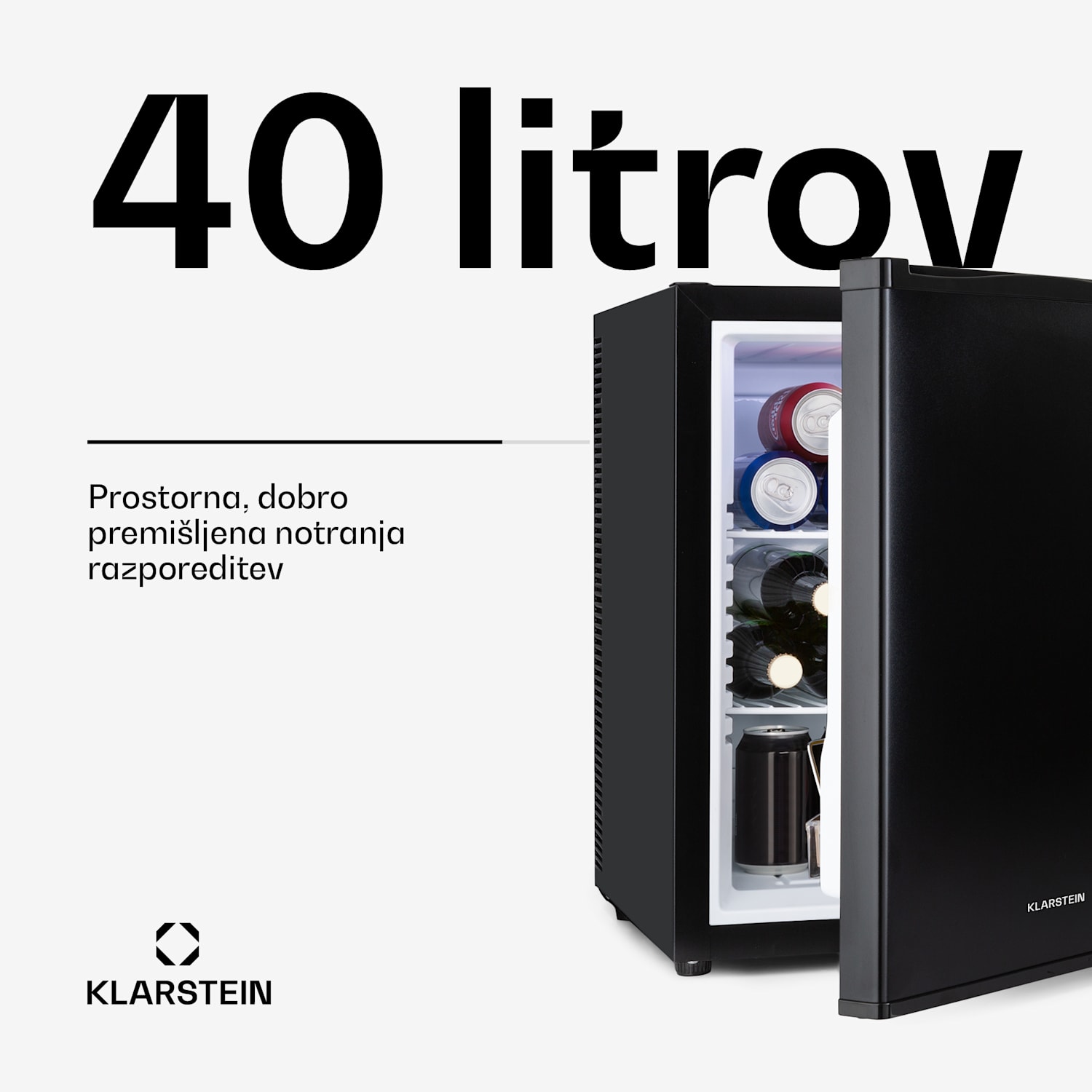 Happy Hour 40, mini bar, 40 L, 5-15°C, tiho delovanje, 23dB, LED-osvetlitev, črna 40 Ltr | G | Črna