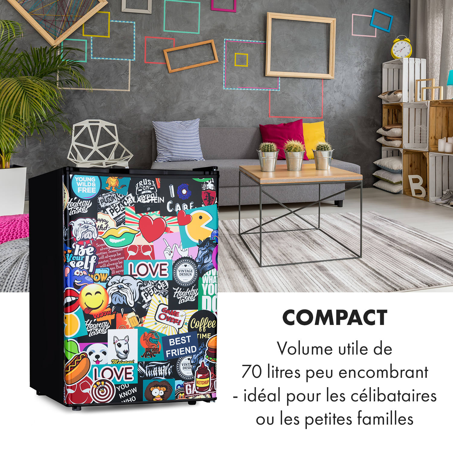 Cool Vibe 70+ Réfrigérateur 72 litres 2 fonds Style Stickerbomb 70 L | Noir
