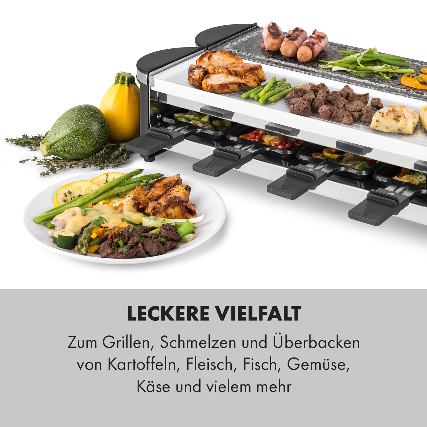 Tenderloin 50/50 Raclette-Grill 1200W 8 Personen Natursteinplatte Metallgrillplatte 