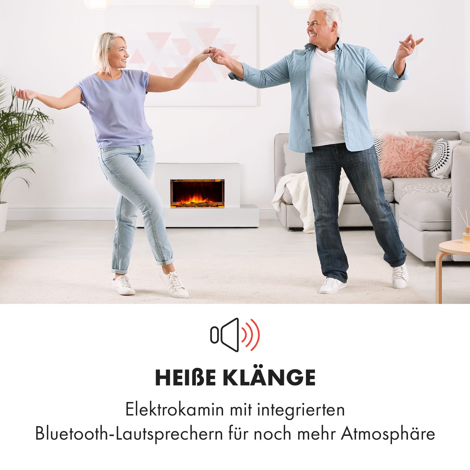 Heat 'n Beat Elektrischer Kamin 900/1800W LED Bluetooth-Speaker Flammenillusion Weiß