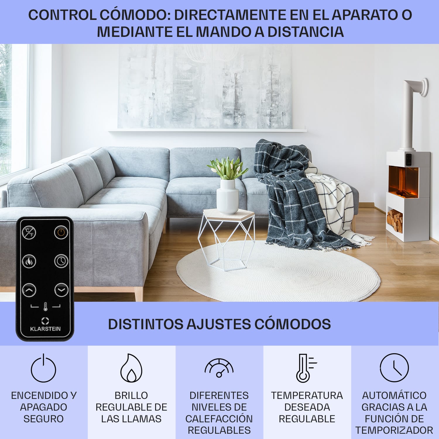 Klarstein Zermatt Chimenea eléctrica 900/1800 W Termostato Ilusión de llamas Tubo de la estufa Blanco