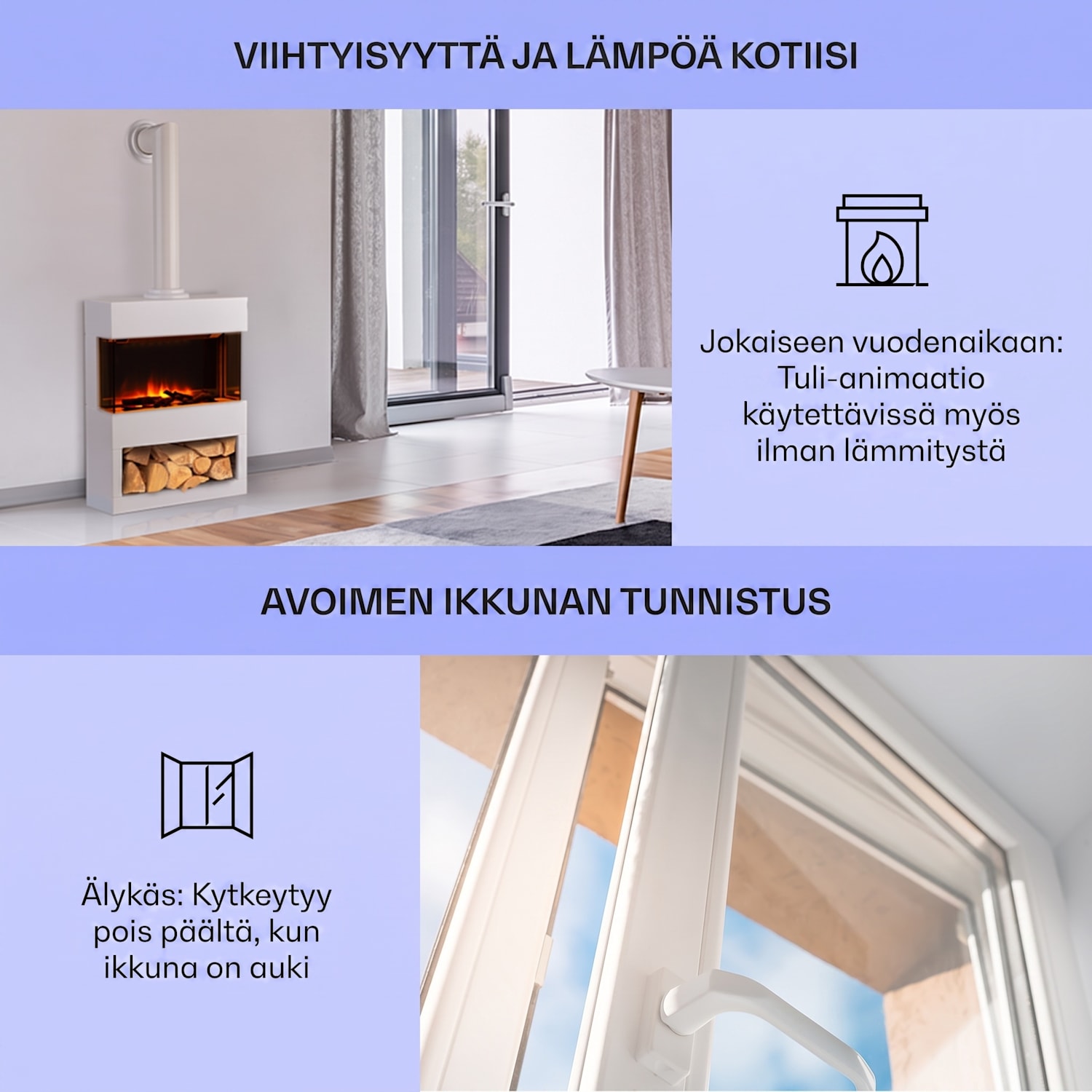 Klarstein Zermatt sähkötakka 900/1800 W termostaatti tekoliekki uunipiippu Valkoinen