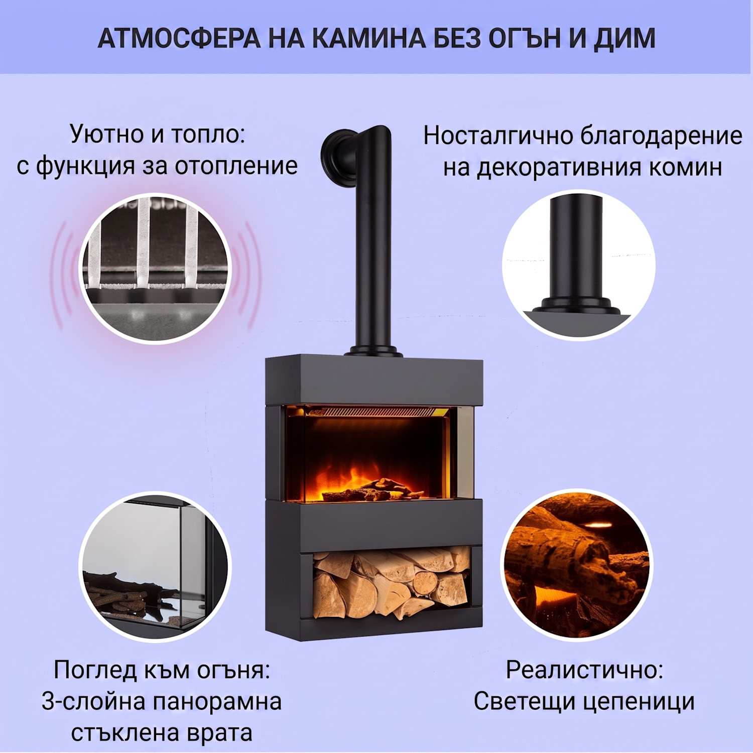 Zermatt, електрическа камина, 900/1800 W, илюзия за пламък, димна фурна 