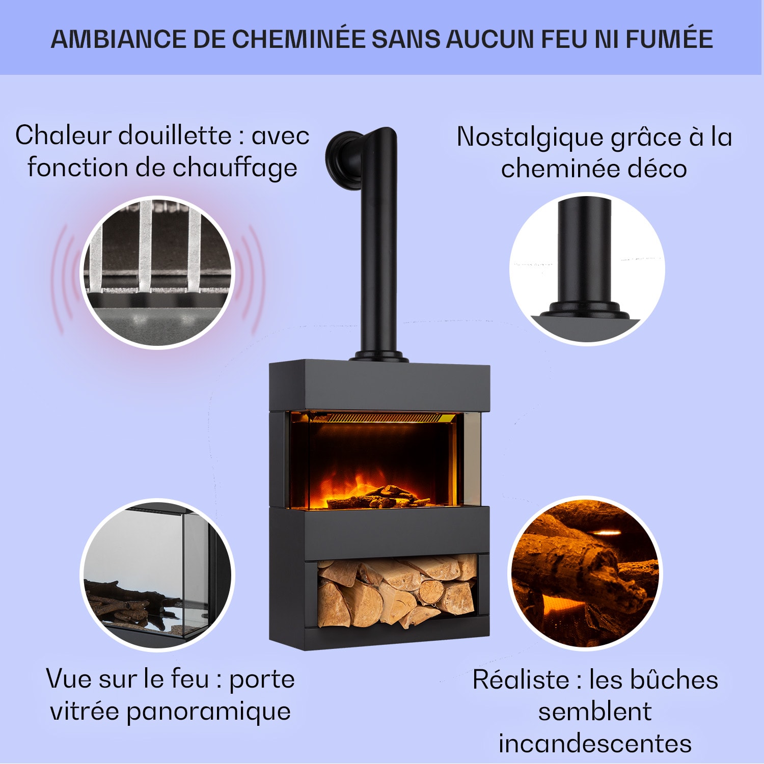 Klarstein Zermatt Cheminée électrique 900/1800W Thermostat Illusion de flamme Tube de fumée Noir