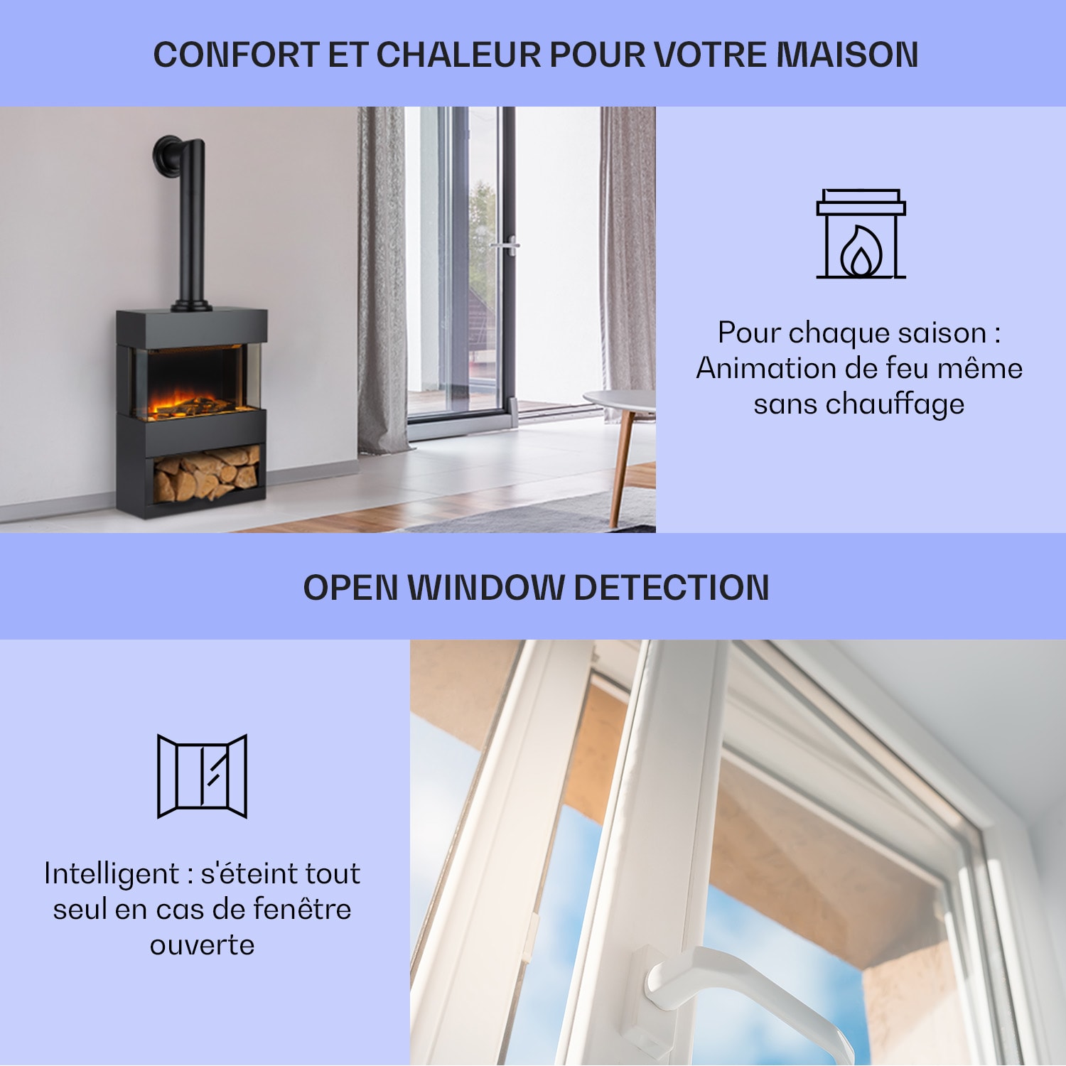 Klarstein Zermatt Cheminée électrique 900/1800W Thermostat Illusion de flamme Tube de fumée Noir