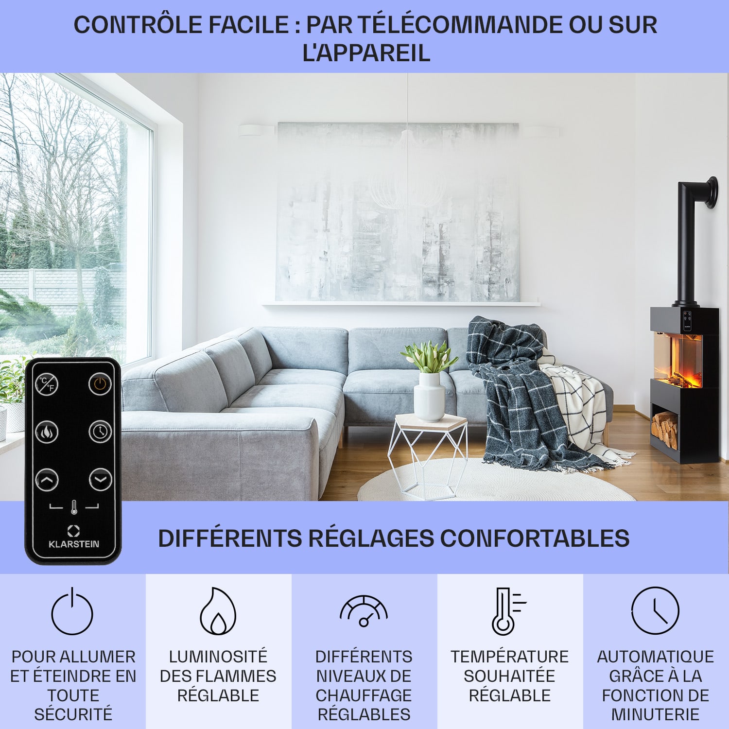 Klarstein Zermatt Cheminée électrique 900/1800W Thermostat Illusion de flamme Tube de fumée Noir