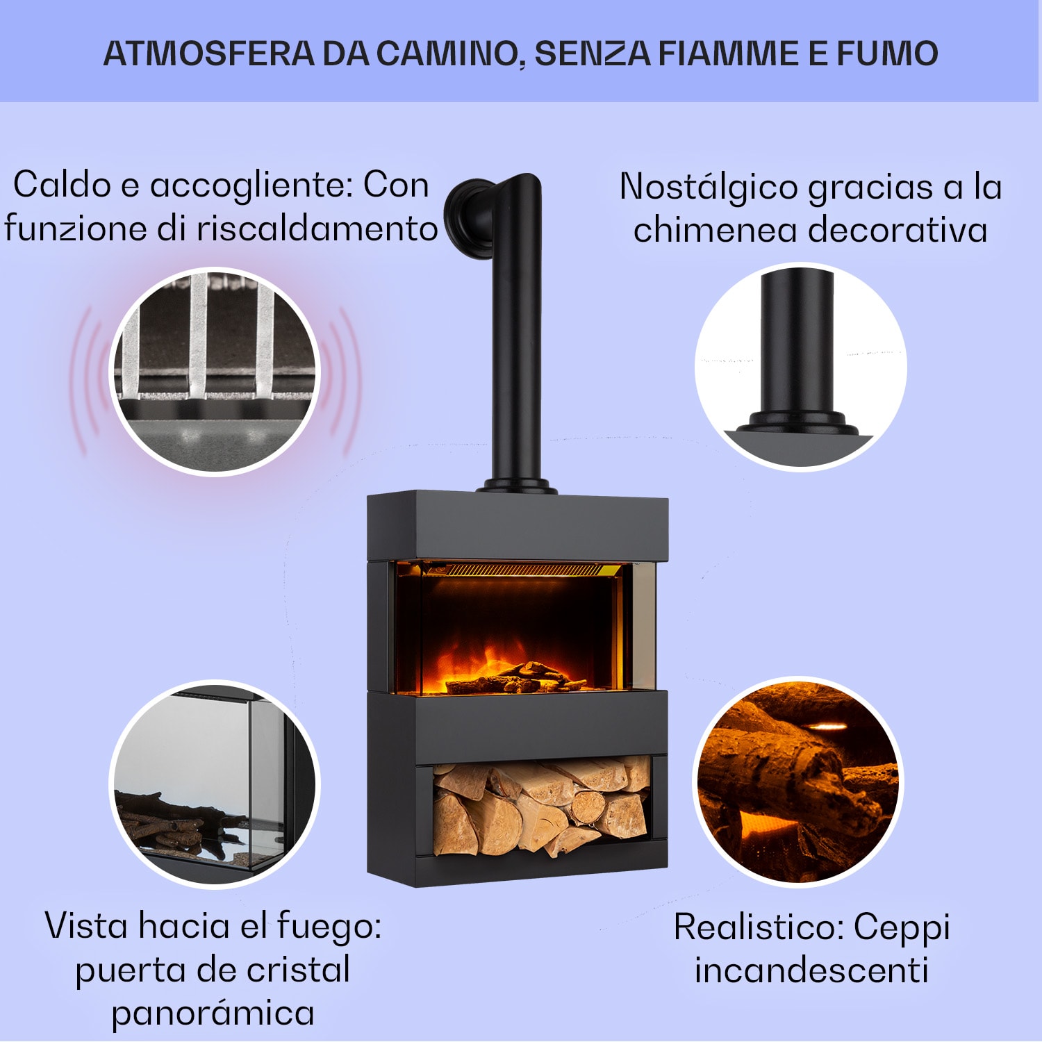 Klarstein Zermatt camino elettrico, 900/1800W, termostato, effetto fiamma, canna fumaria Nero