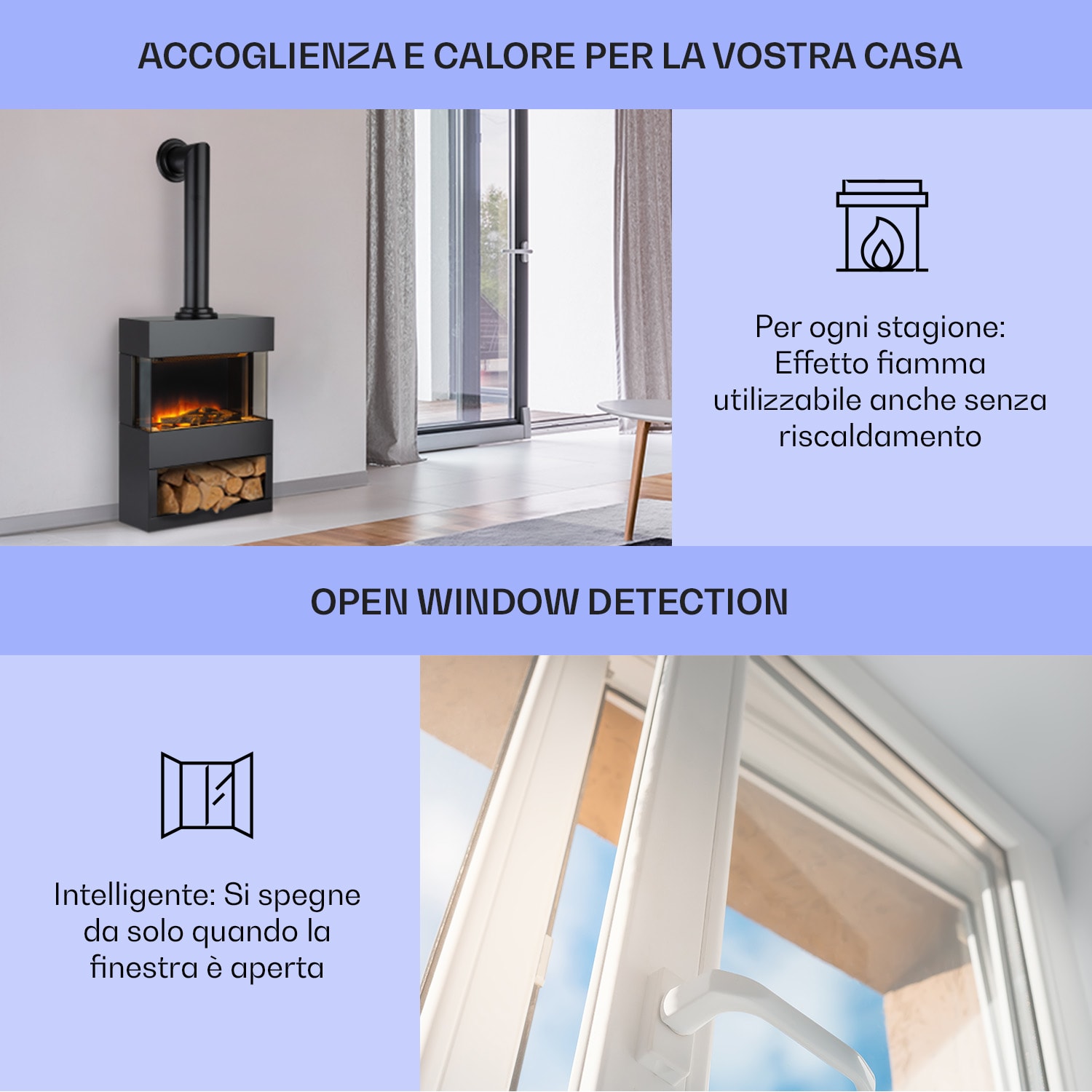 Klarstein Zermatt camino elettrico, 900/1800W, termostato, effetto fiamma, canna fumaria Nero