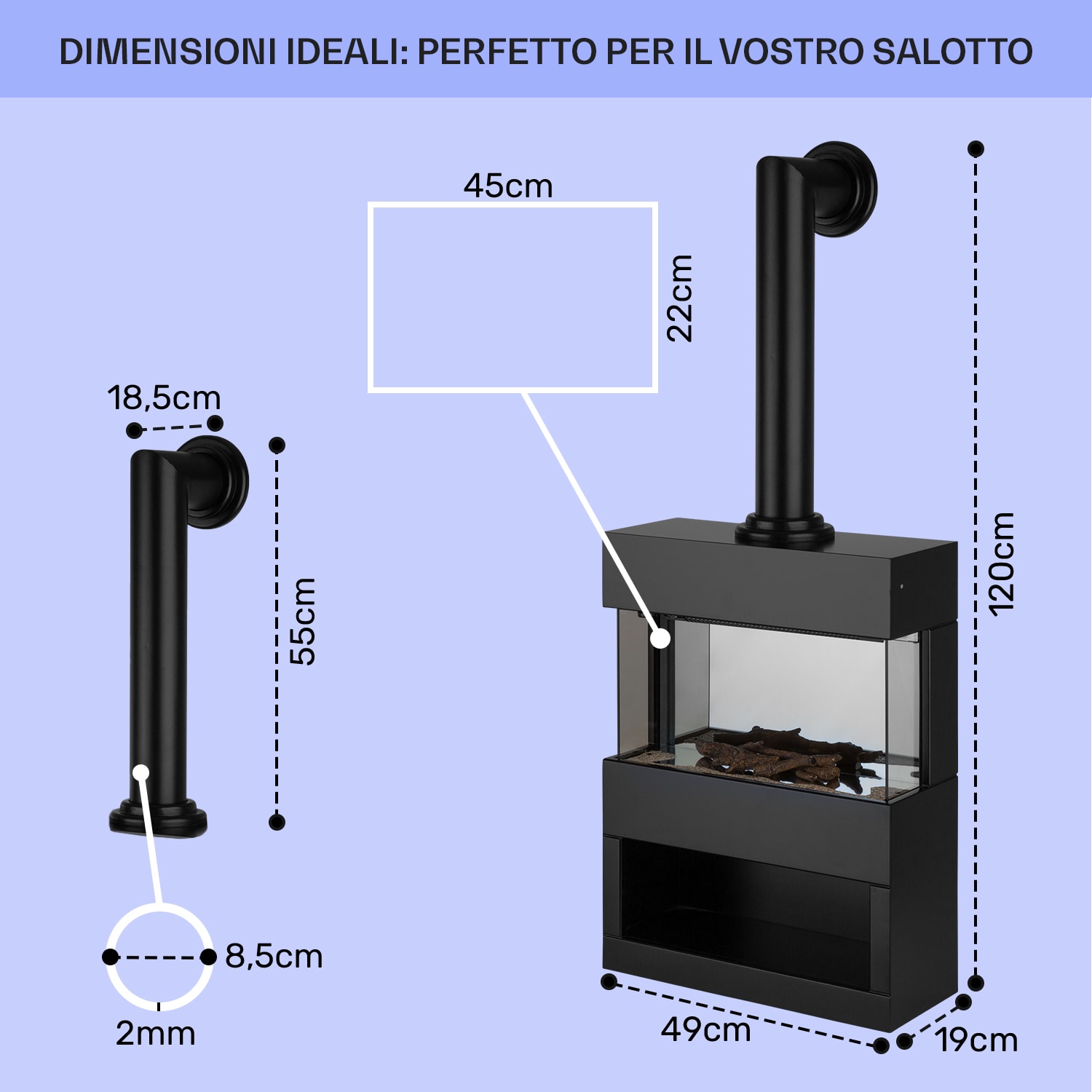 Klarstein Zermatt camino elettrico, 900/1800W, termostato, effetto fiamma, canna fumaria Nero