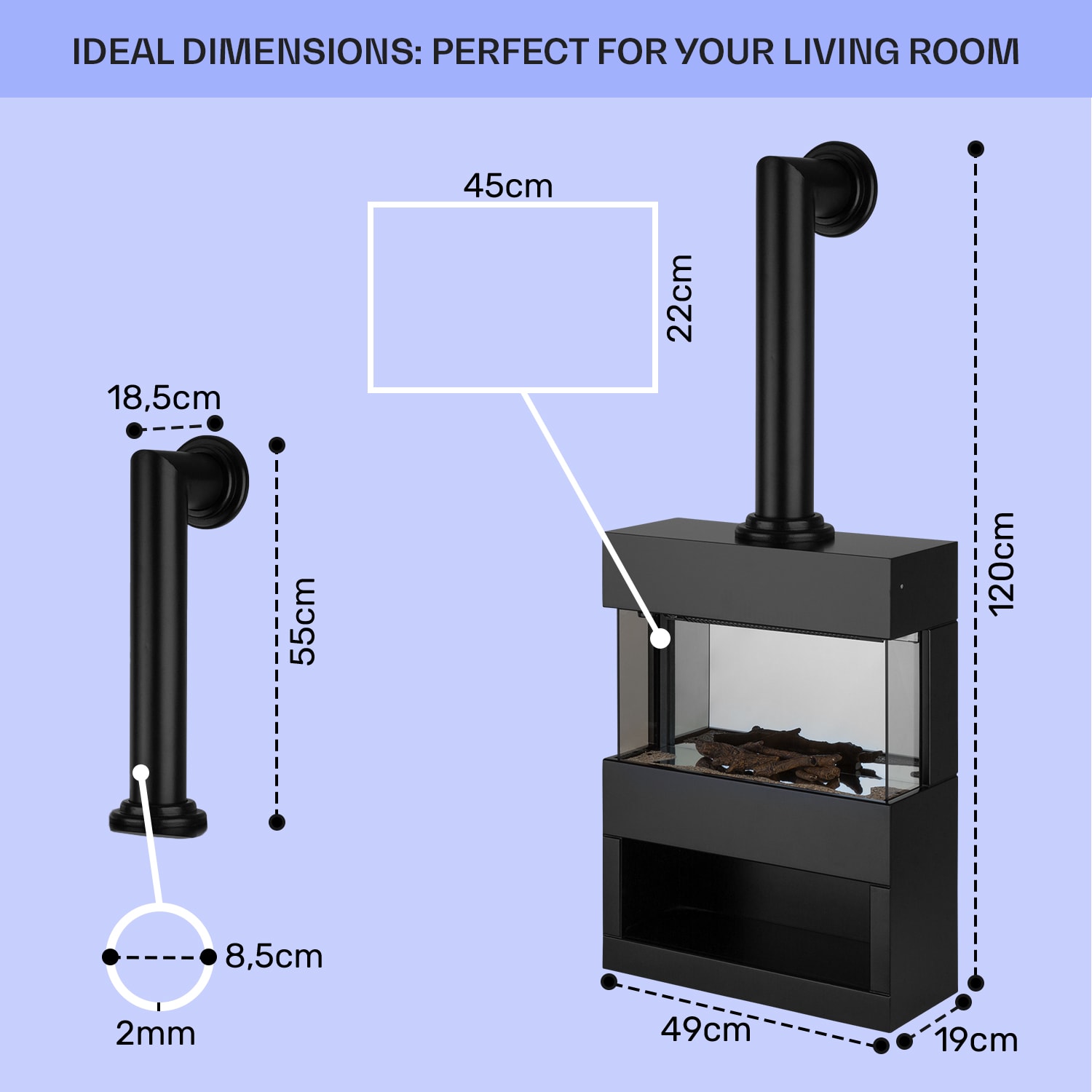 Zermatt, elektromos kandalló, 900/1800 W, lángillúzió, füstcső, fekete Fekete