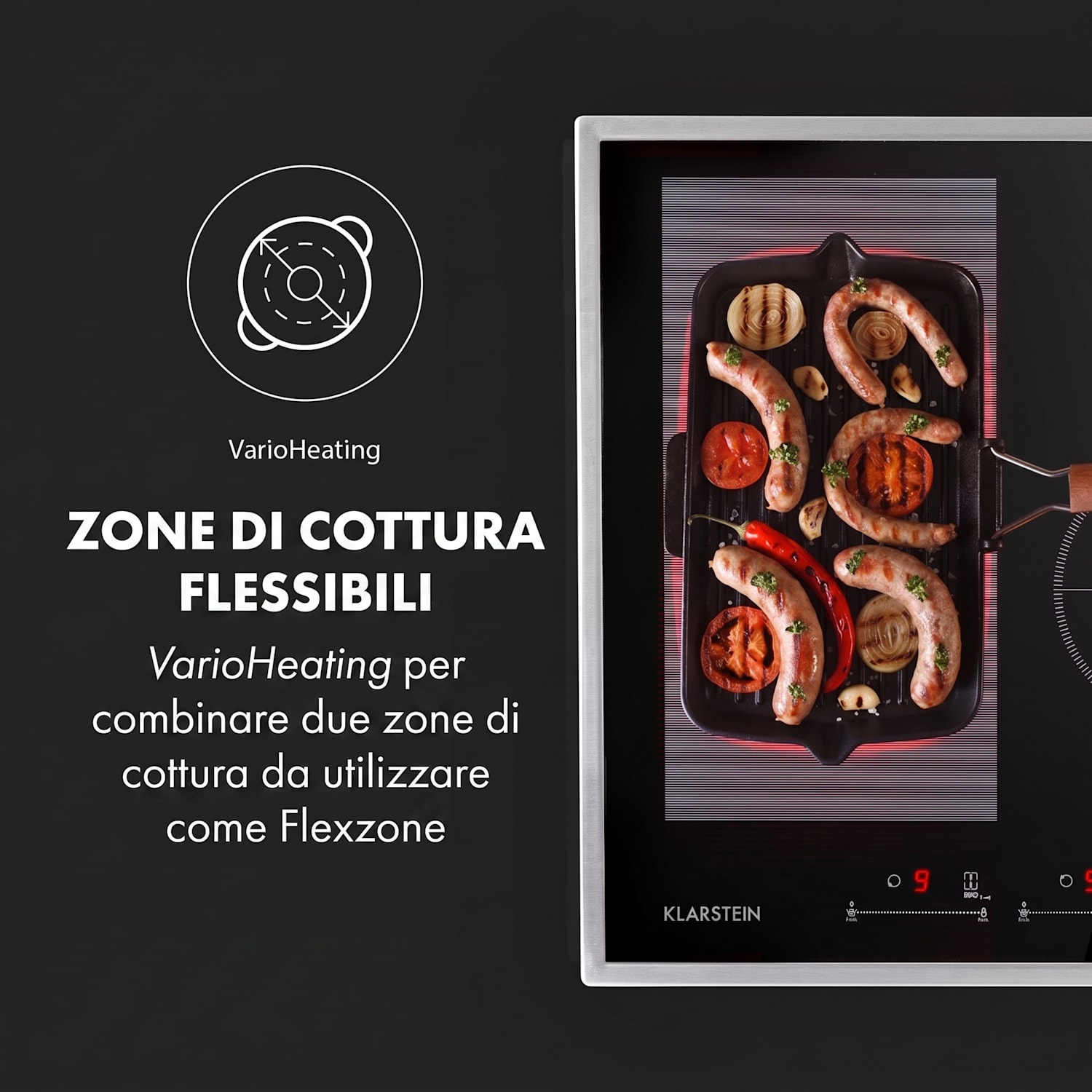 Delicatessa 77 Hybrid Prime, piano cottura a incasso, induzione, 4 zone, 7000W 4 (2x rettangolari, 1x rotondo da 28 cm, 1x rotondo da 16 cm) | Nero / Argento metallizzato