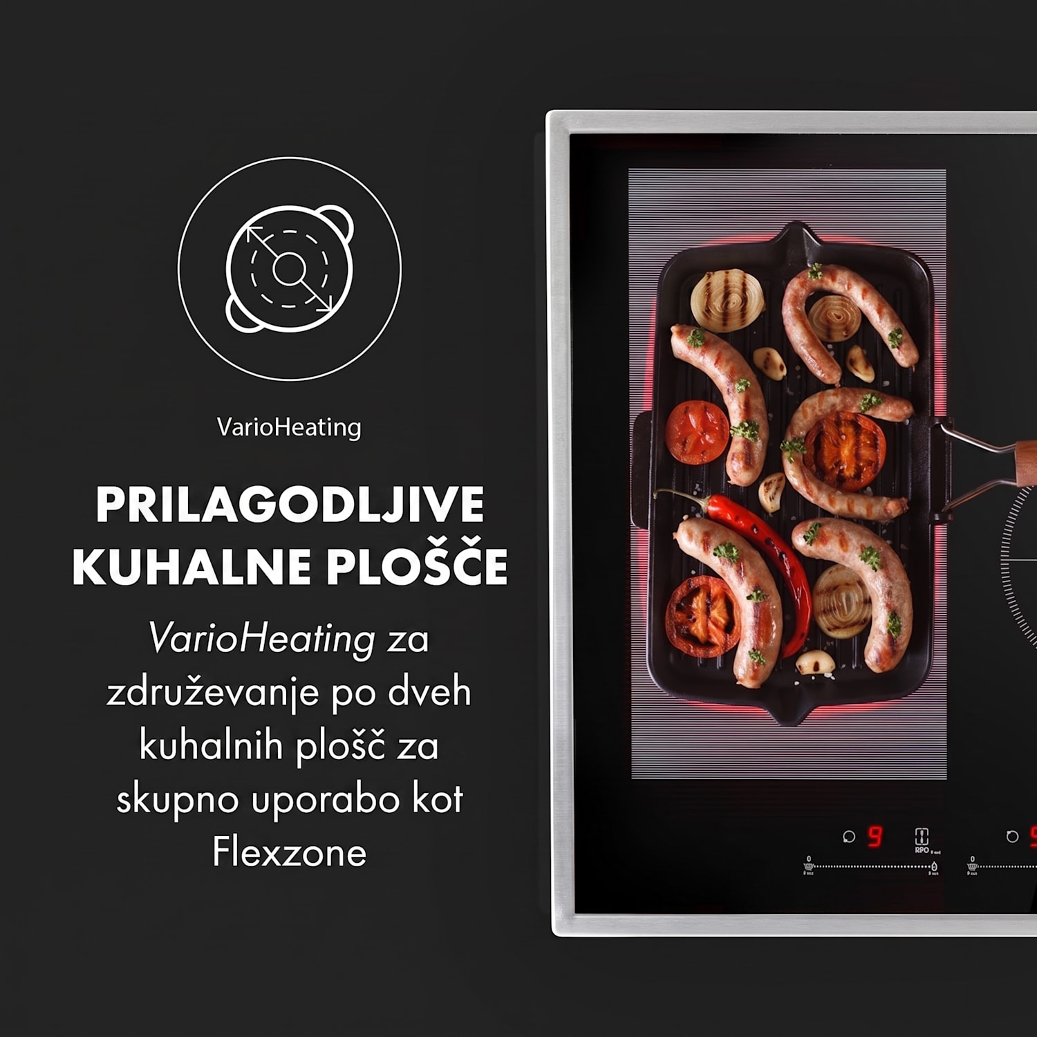 Delicatessa 77 Hybrid Prime, vgradna kuhalna plošča, indukcija, 4 cone, 7000 W 4 (2 x pravokotna, 1 x okrogla 28 cm, 1 x okrogla 16 cm) | Črna / Srebrna kovinska barva