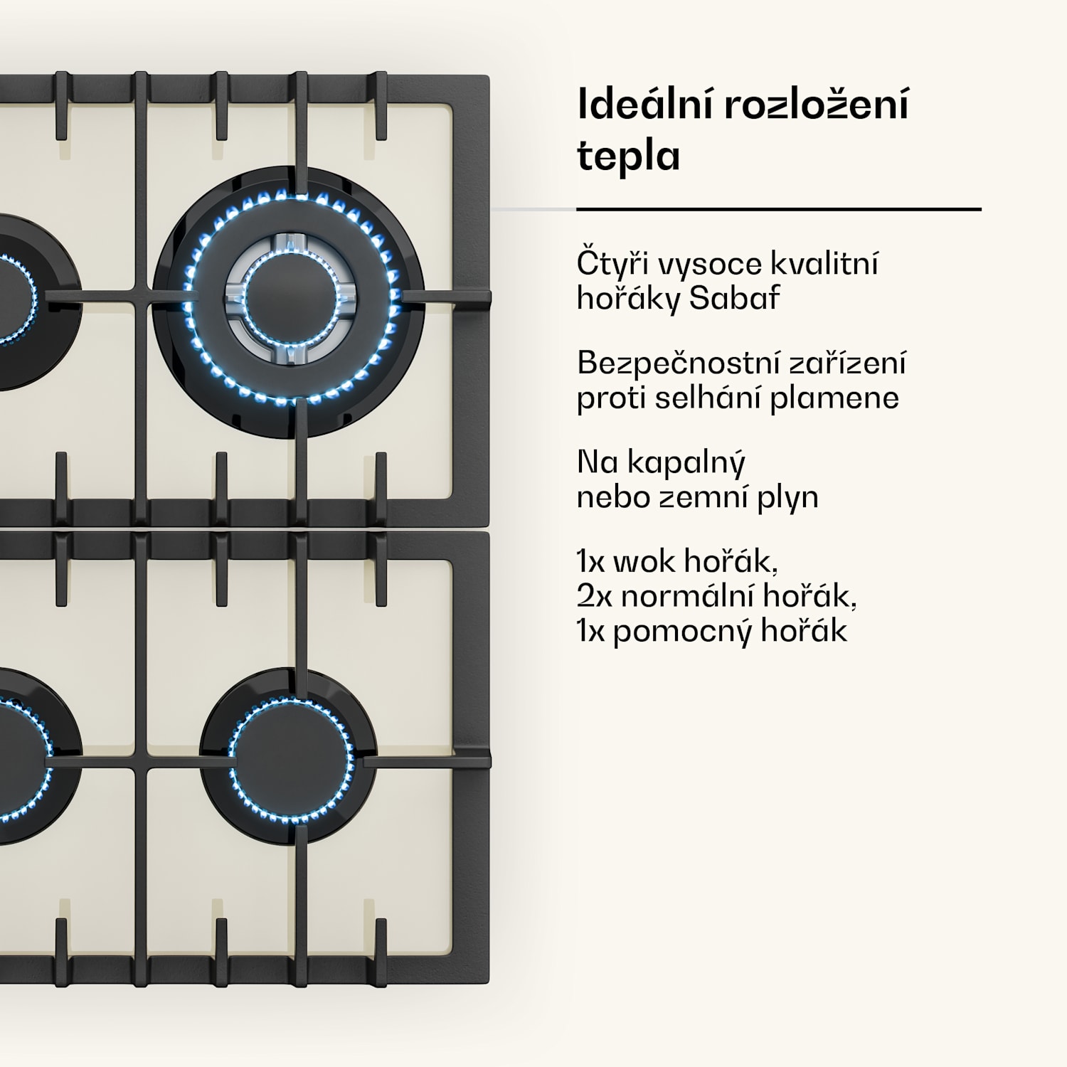 Victoria 4 Zonen, plynová varná deska, 4 hořáky, sklokeramika, slonová kost 60 cm | Sklo | Krémová