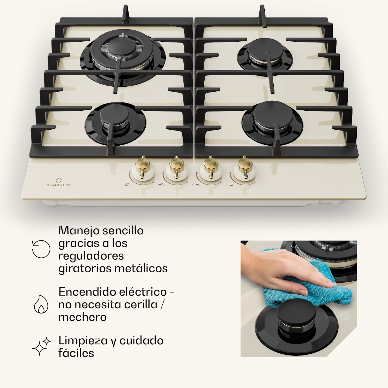 Victoria Cocina de gas de 4 zonas Vitrocerámica Marfil 60 cm | Cristal | Crema