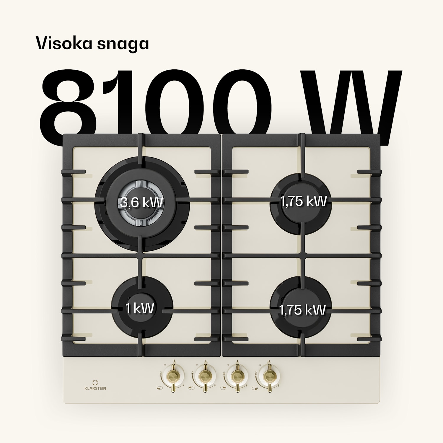 Victoria 4 Zonen, plinska ploča za kuhanje, 4 plamenika, staklokeramika, slonovača 60 cm | Staklo | Krem