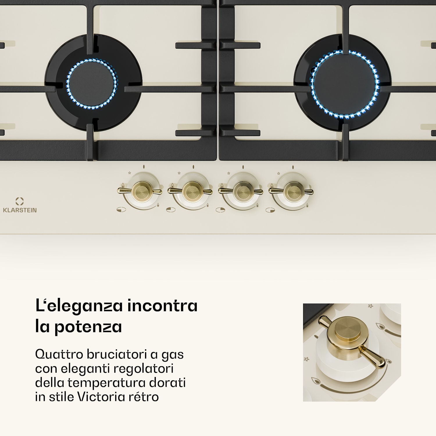 Victoria, 4 zone, piano cottura a gas a 4 fuochi, vetroceramica, avorio 60 cm | Vetro | Crema