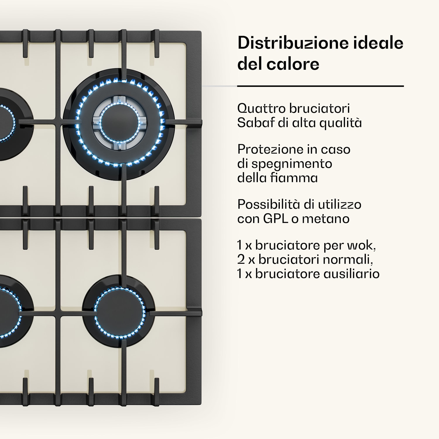 Victoria, 4 zone, piano cottura a gas a 4 fuochi, vetroceramica, avorio 60 cm | Vetro | Crema