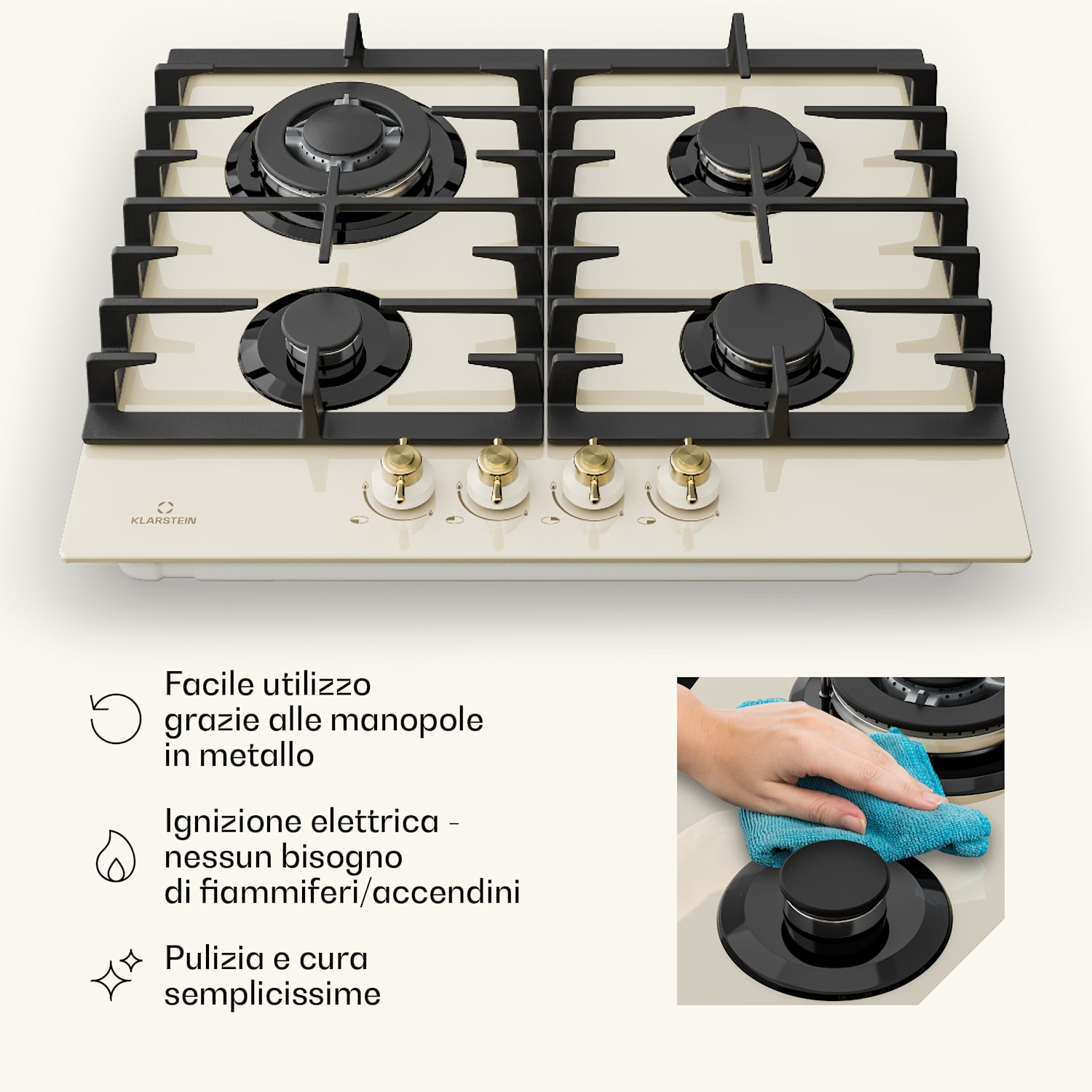 Victoria, 4 zone, piano cottura a gas a 4 fuochi, vetroceramica, avorio 60 cm | Vetro | Crema