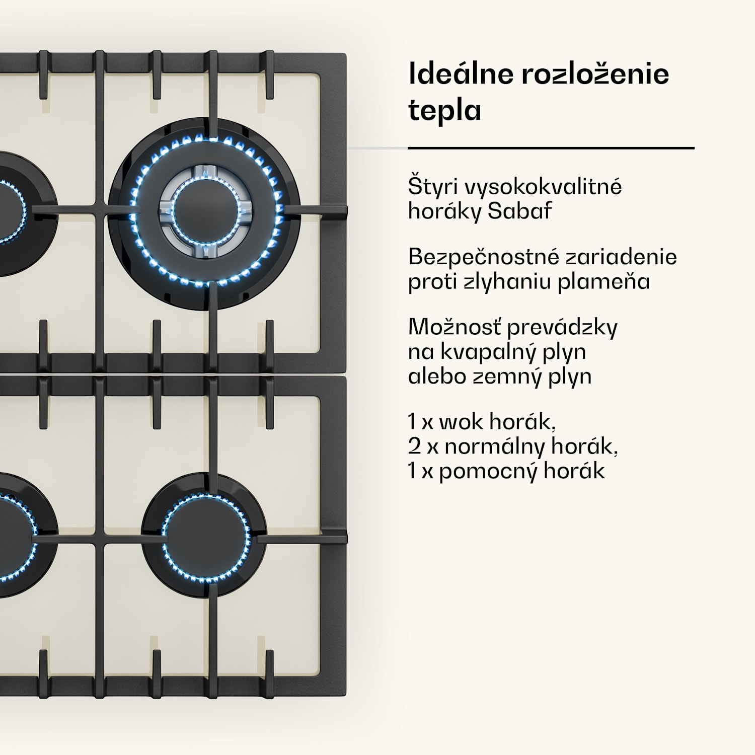 Victoria 4, plynová varná doska, 4 horáky, sklokeramika, slonovinová 60 cm | Sklo | Krémová