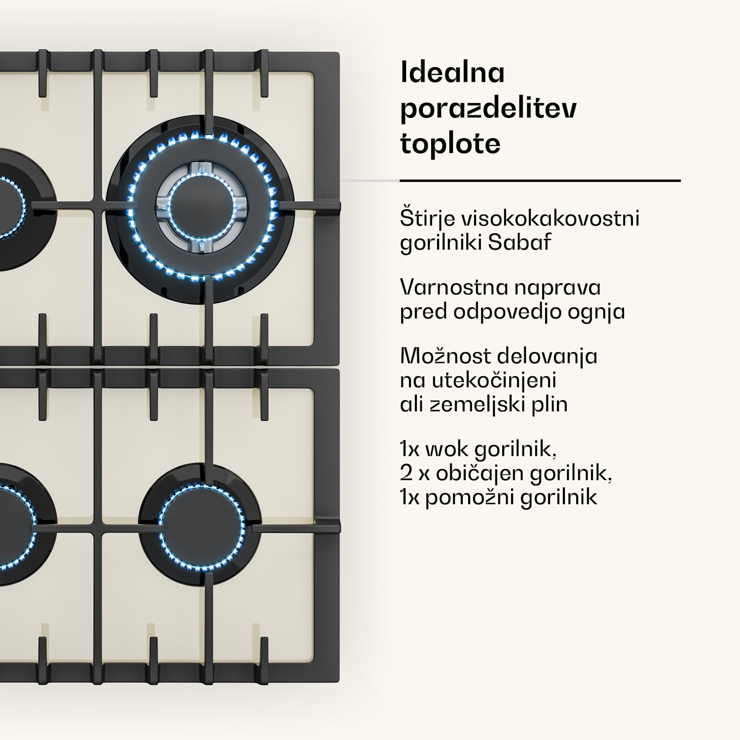 Victoria 4 Zonen, plinska kuhalna plošča, 4 gorilniki, steklokeramična, slonova kost 