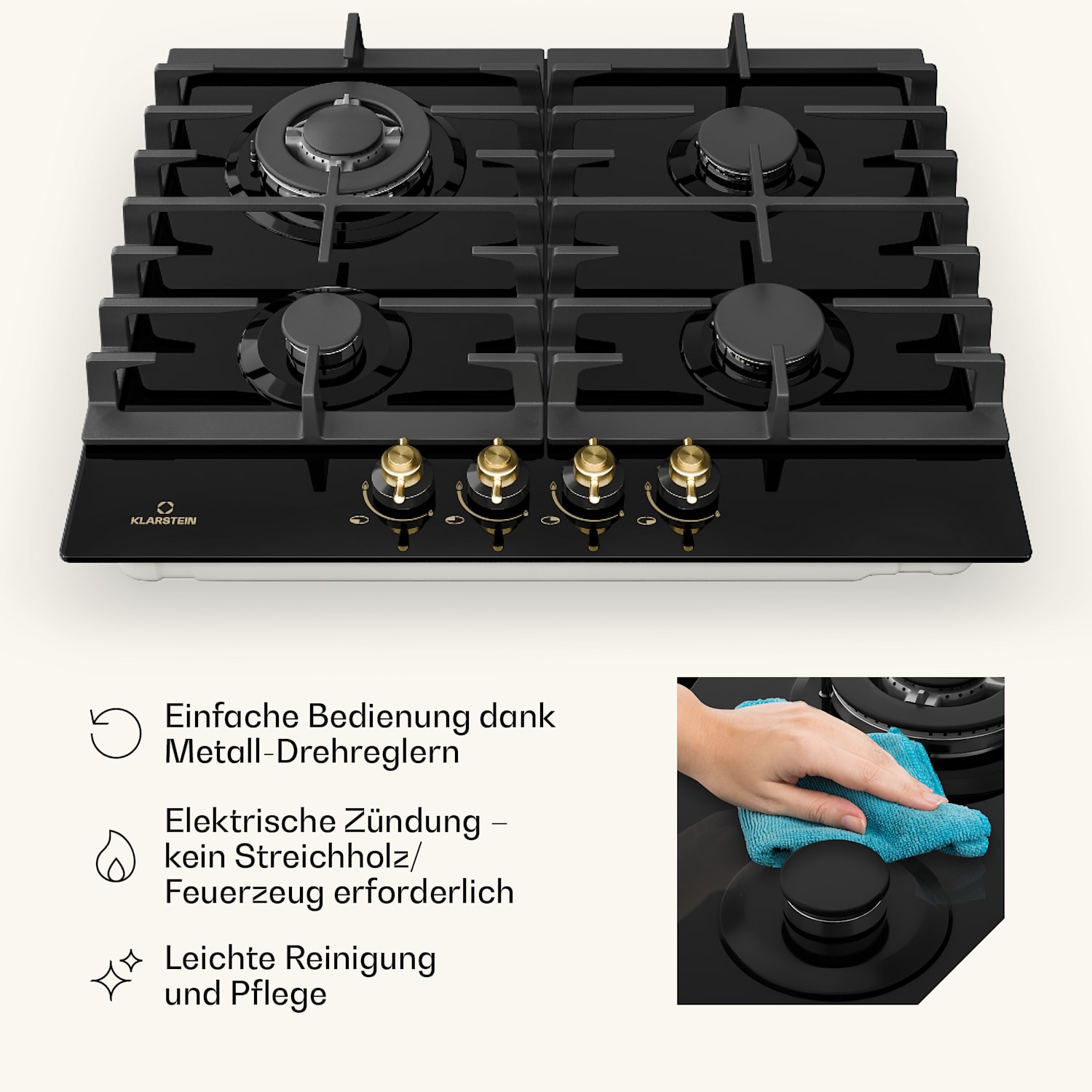 Victoria, 4 zone, piano cottura a gas a 4 fuochi, vetroceramica, nero 60 cm | Vetro | Nero