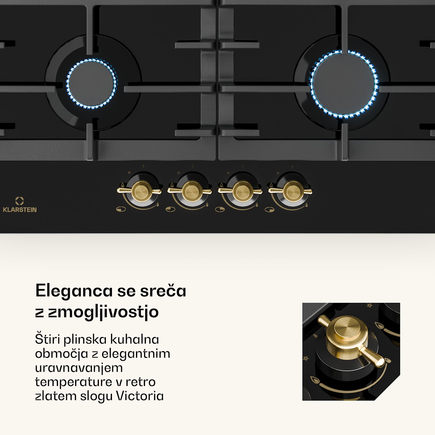 Victoria 4 Zonen, plinska kuhalna plošča, 4 gorilniki, steklokeramična, črna 60 cm | Steklo | Črna