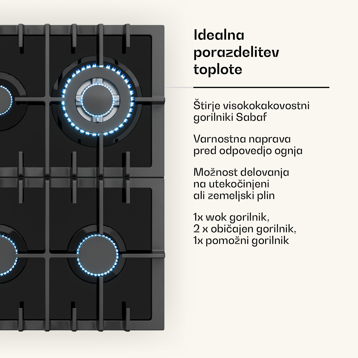 Victoria 4 Zonen, plinska kuhalna plošča, 4 gorilniki, steklokeramična, črna 60 cm | Steklo | Črna