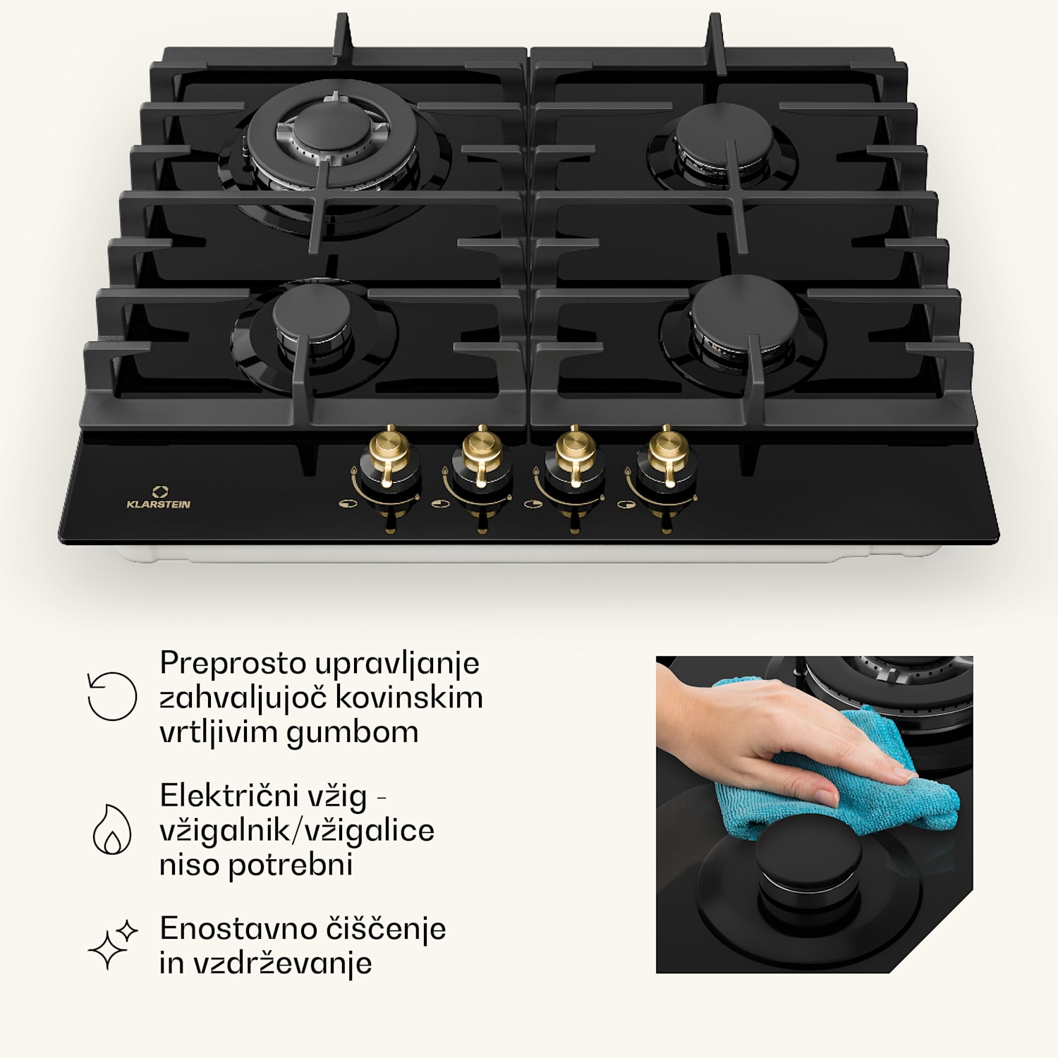 Victoria 4 Zonen, plinska kuhalna plošča, 4 gorilniki, steklokeramična, črna 60 cm | Steklo | Črna