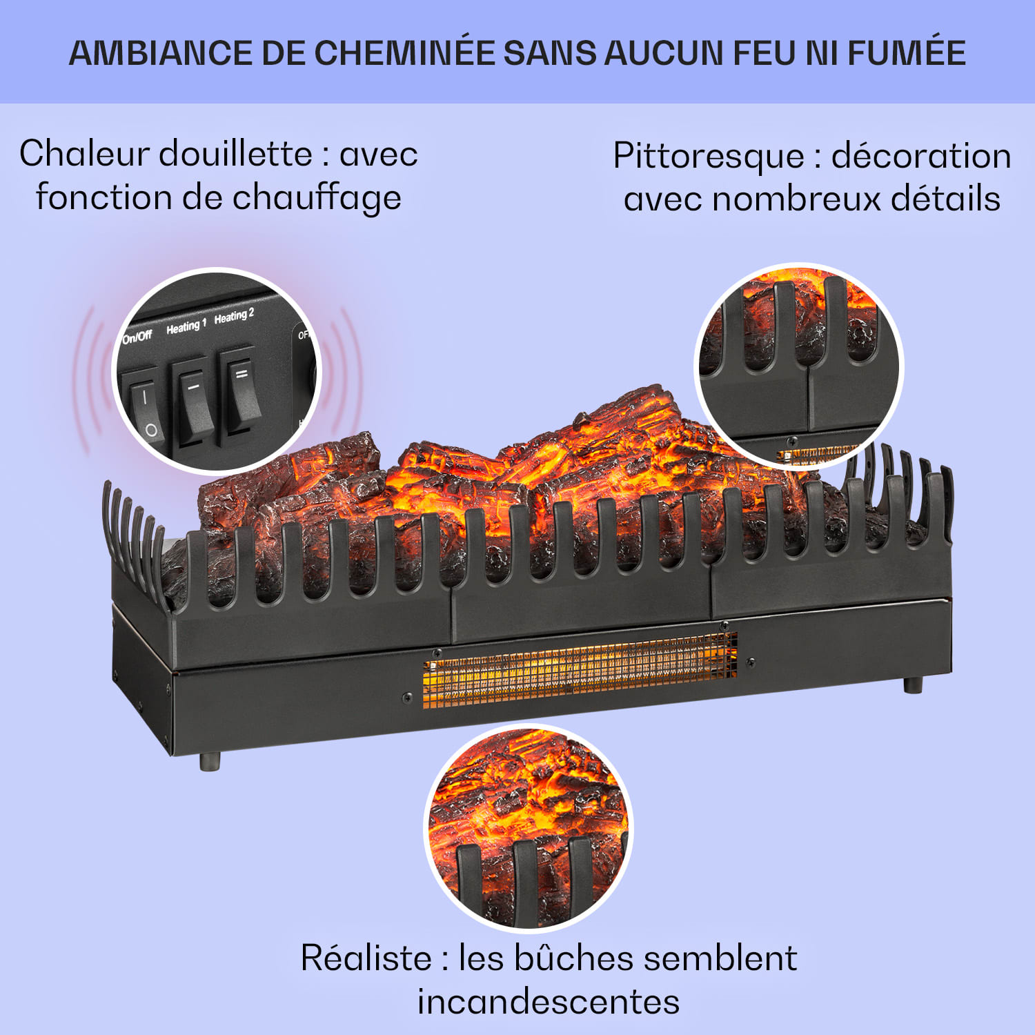 Cheminée électrique Kamini FXL insert 1000/2000W 2W LED noir 