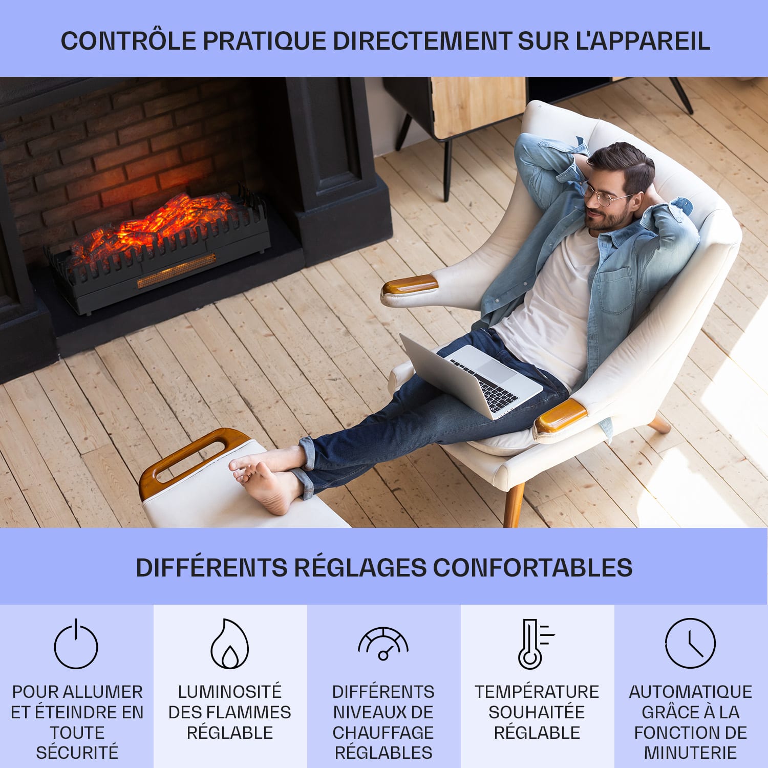 Cheminée électrique Kamini FXL insert 1000/2000W 2W LED noir 