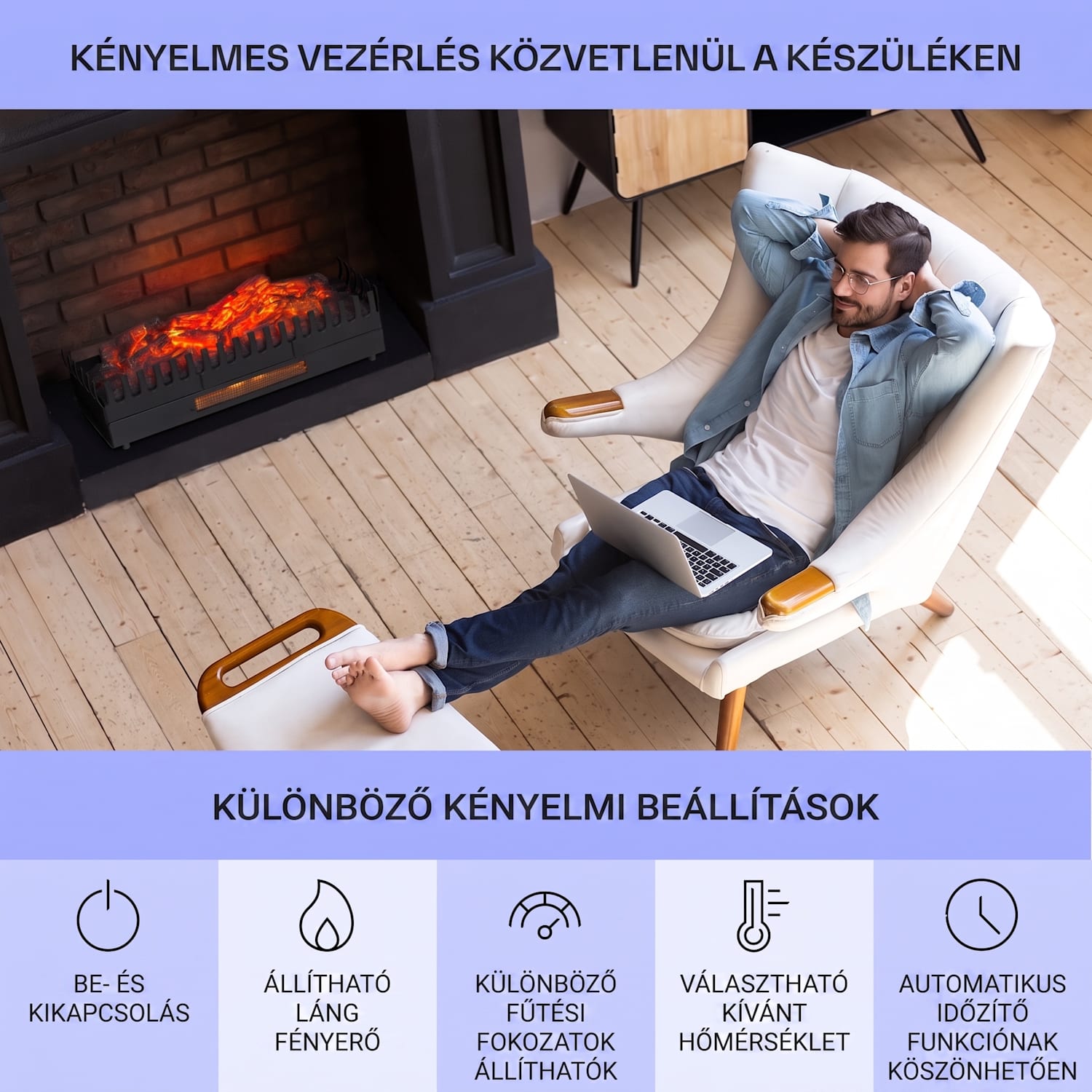 Kamini FXL, elektromos kandalló, kandallóbetét, 1000/2000 W, 2 W LED, fekete 67x23x22 cm