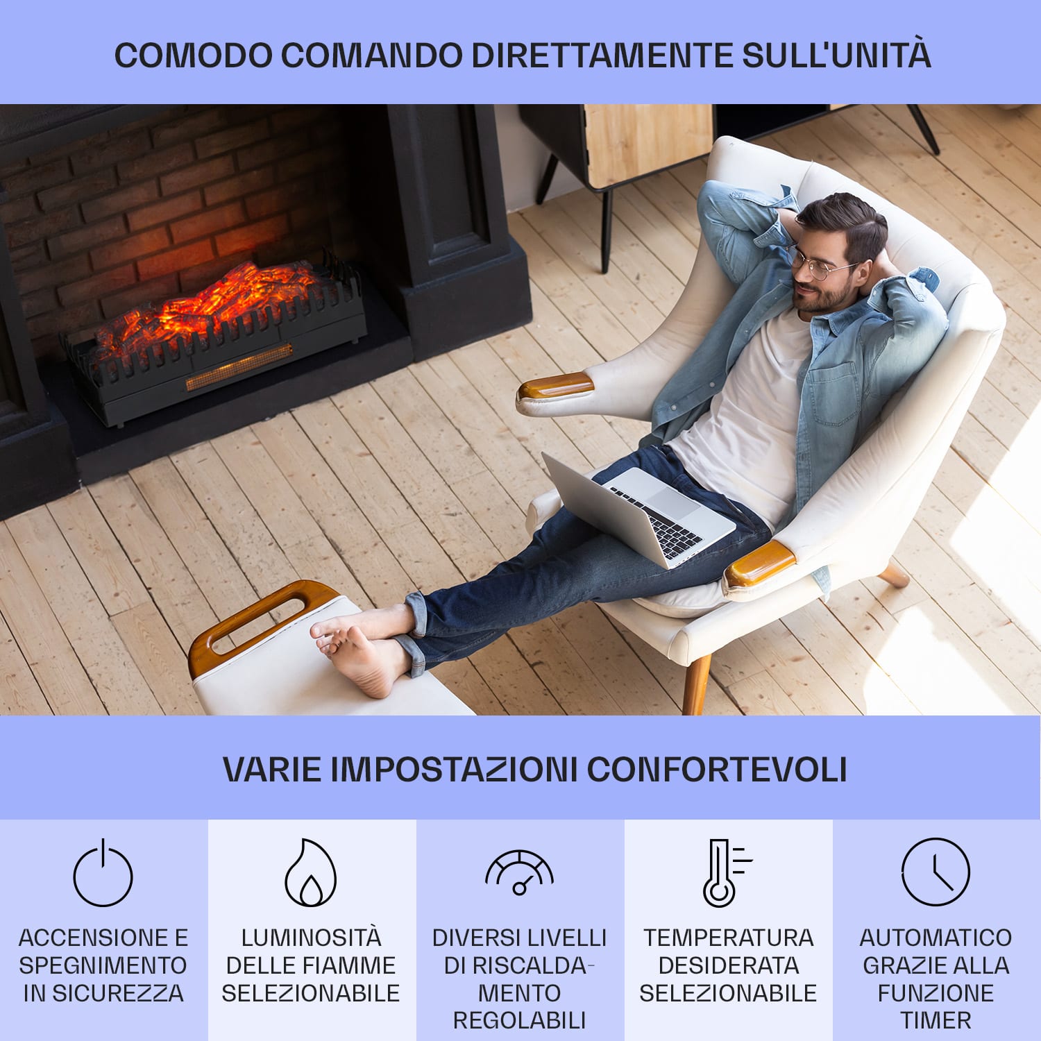 Camino elettrico da incasso FXL 1000/2000W 2W LED nero 67x23x22cm