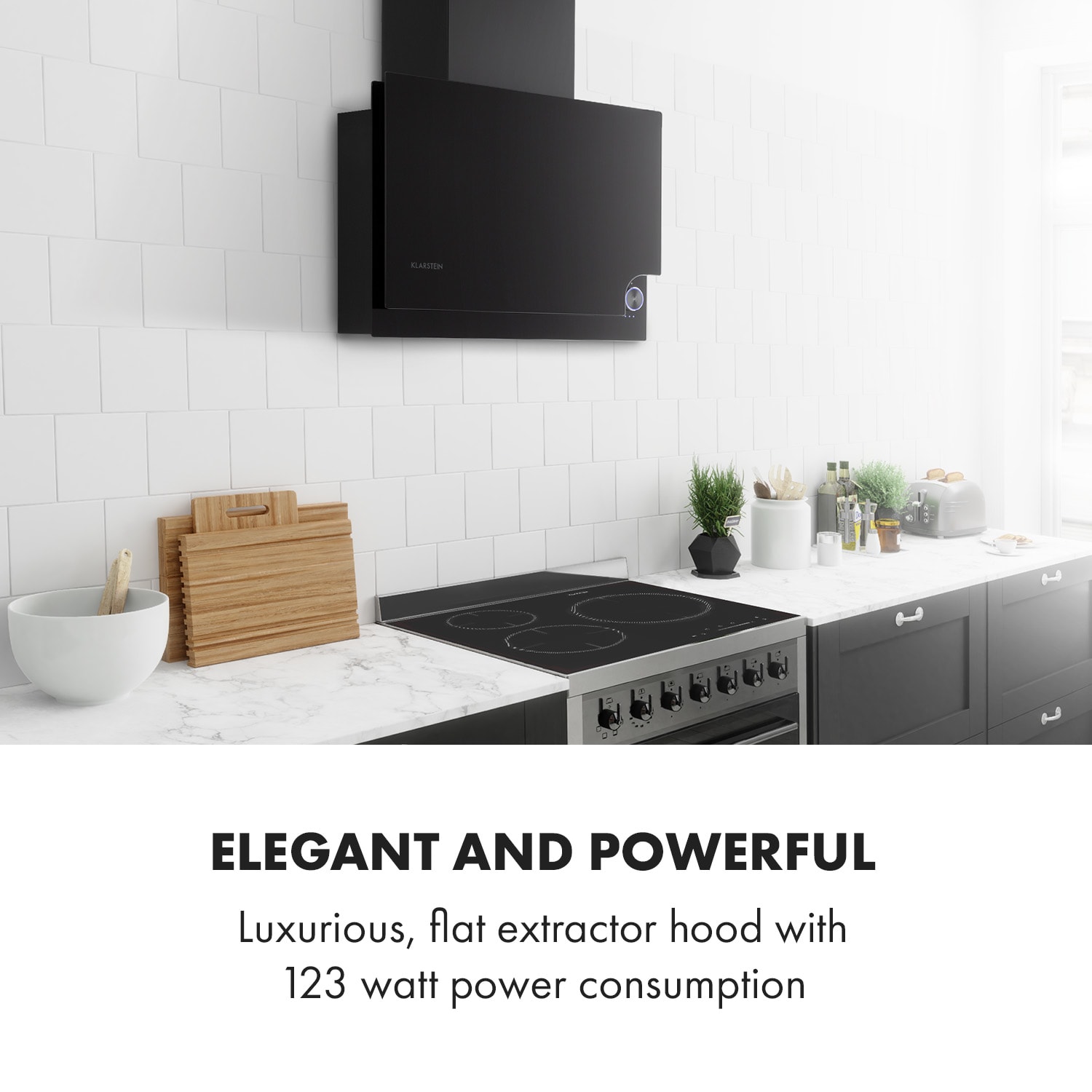 Amelia, digestoř, 60 cm, nástěnná, 586 m³/h, LED otočné dotykové ovládání, černá 60 cm | Černá