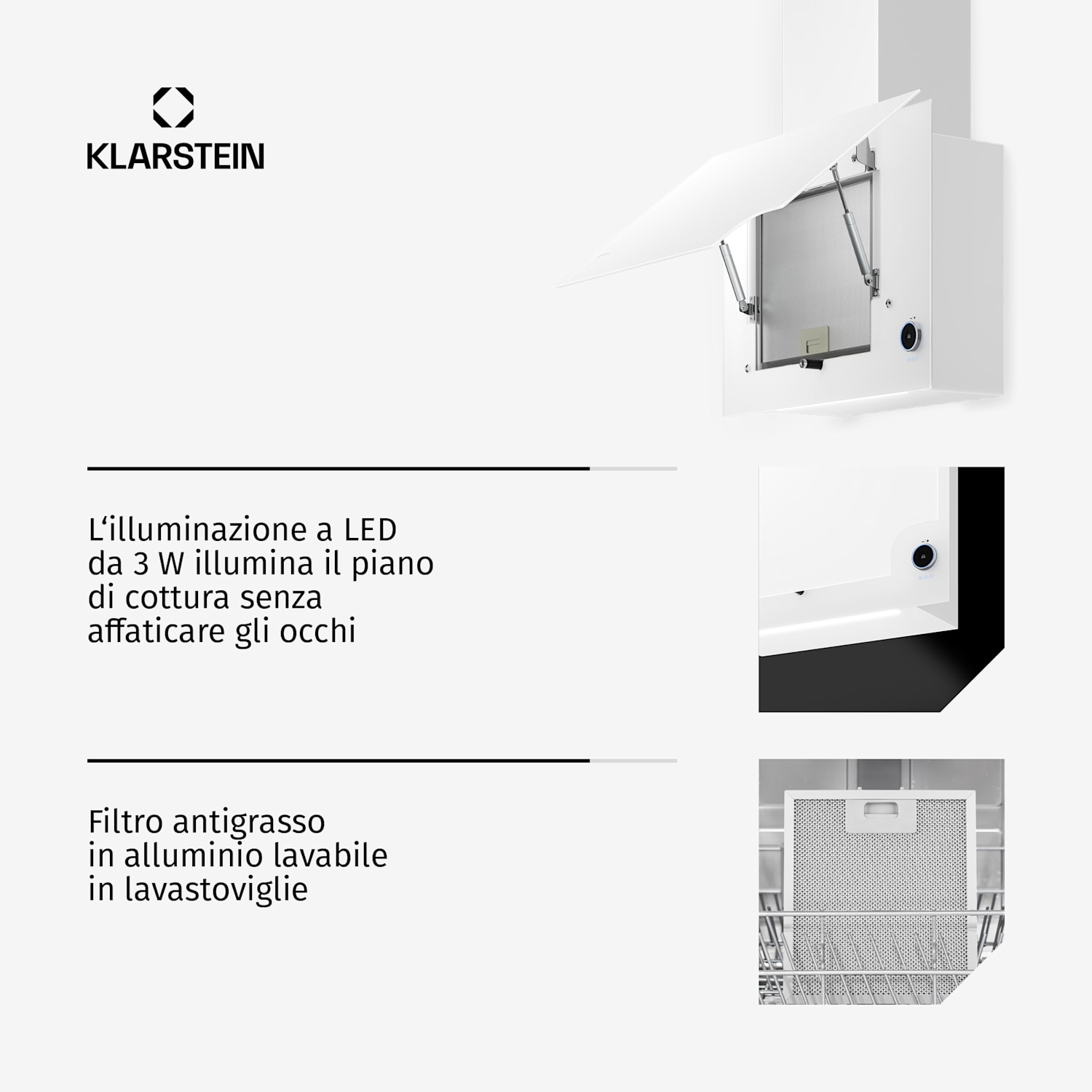 Amelia, Cappa Aspirante, 60x47x23,5 cm, LED, Touch, 128W, bianco Bianco